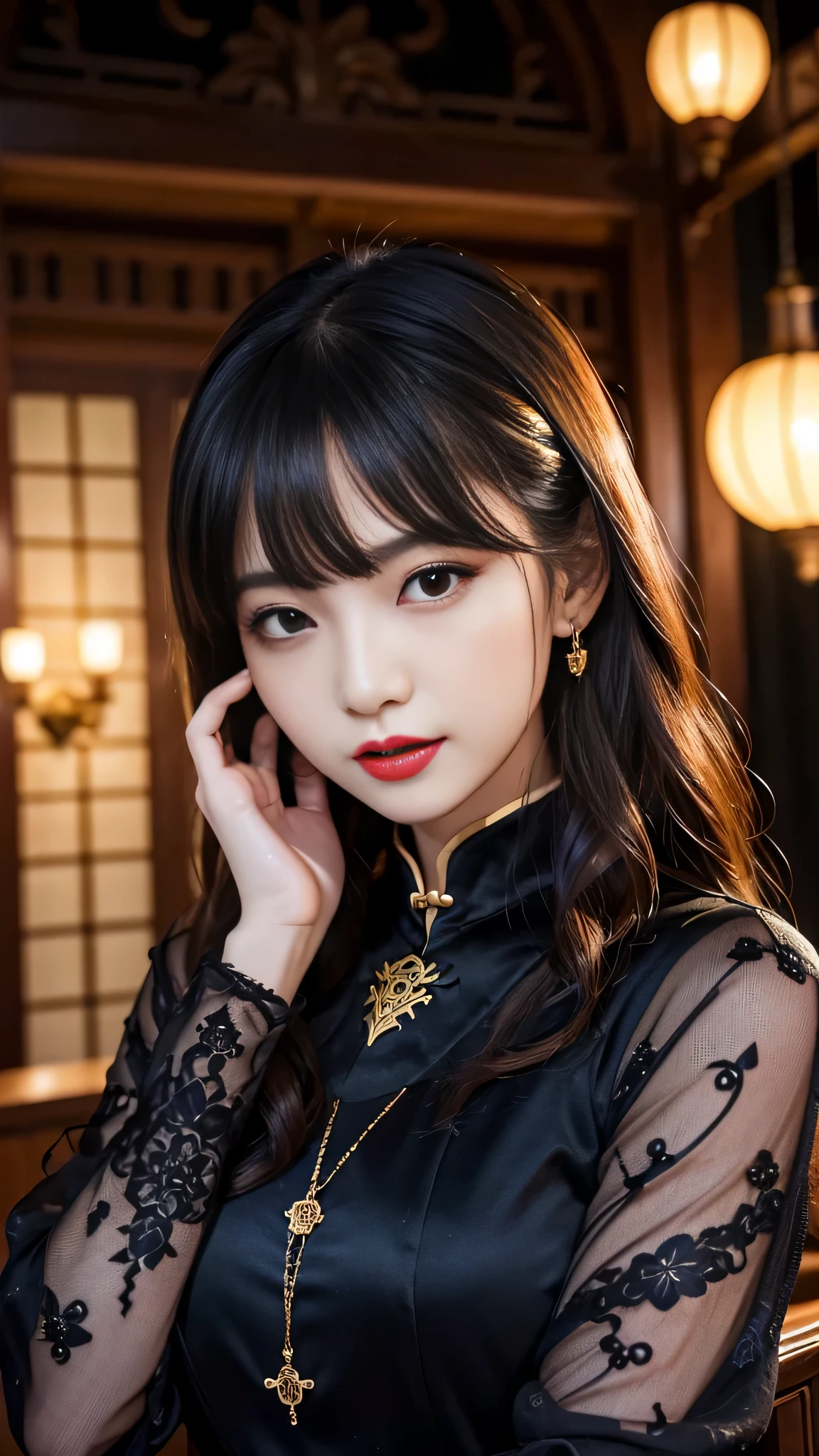 tra-detailed、Japanese、attractive beauty、seductive adult woman、pretty woman、piercing eyes、cool girl、wavy hair、swept bangs、Long Black and Gold Cheongsam、wide sleeves、Evil cadres、evil depravity、brainwash、mind control、lipstick、lip gloss、dark makeup、smirk、whisper in your ear、Evil expression、evil、hollow eyes,half-closed eyes、empty eyes、evil、church at night、vampire、succubus、vampire、Swear allegiance、sexy pose、hair ornaments、