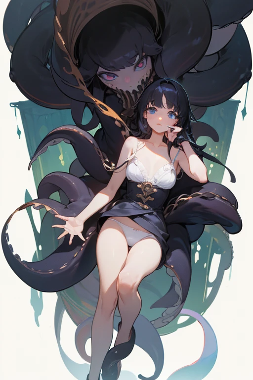 ((highest quality)), ((masterpiece)), (be familiar with), illuminated by candlelight、In a dimly lit cathedral with huge stained glass windows、With both hands on the pulpit、Support the body、She was wearing only a white bra and white panties.、black haired、had blue eyes、Beautiful girl in her late s、small face、bust 84cm、Waist 55cm、Hip 79cm、perfect hands、perfect fingers、High resolution candlelight、Giant Octopus Eyes、Giant octopus legs invade a girl's mouth、Giant octopus legs entangle with girl's legs、Giant octopus legs tangled in girl's hands