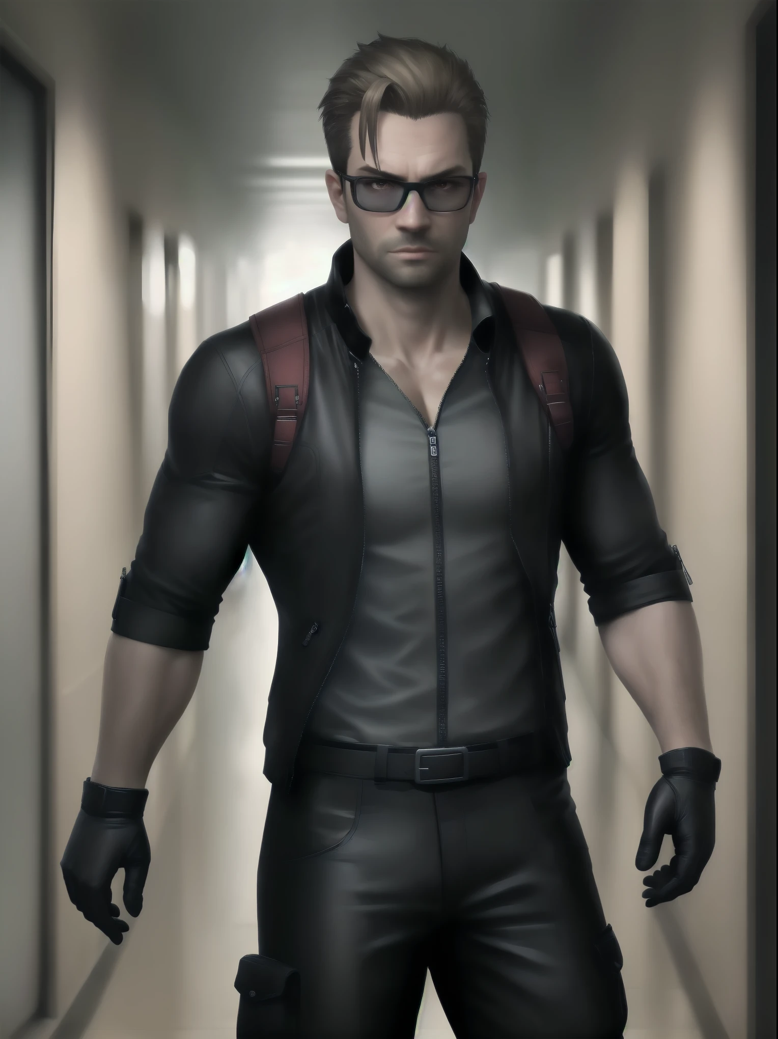 male from Resident Evil 5, 35 year old, tall, hunk, lean muscle, square-shaped face, wearing small black shades, thin dirty blond hair, slicked back hairstyle, tidy hair, cold face expression, viewer looking, black long coat, black zipped clothes, red eyes and glowing eyes, menacing pose, black gloves, best quality, masterpiece, high resolution:1.2, flat style, upper body shot, dark corridor in the background, center focus ((add more detail, enhanced_pivaarts-face))