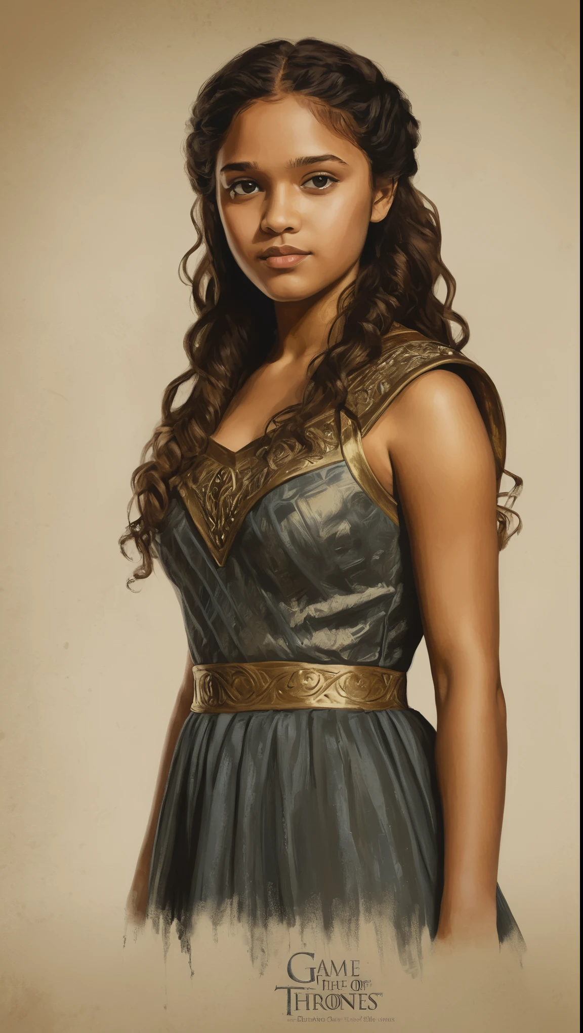 An illustrated movie poster, hand-drawn, full color, a Westerosi teenage girl, wearing a regal dress, brown complexion, golden amber eyes, dark hair, long loose curls, waist-length hair, posing on a pedestal, hard shadows, graphite shading, stencil marks, airbrushed acrylic paint, masterpiece, in the style of Game of Thrones