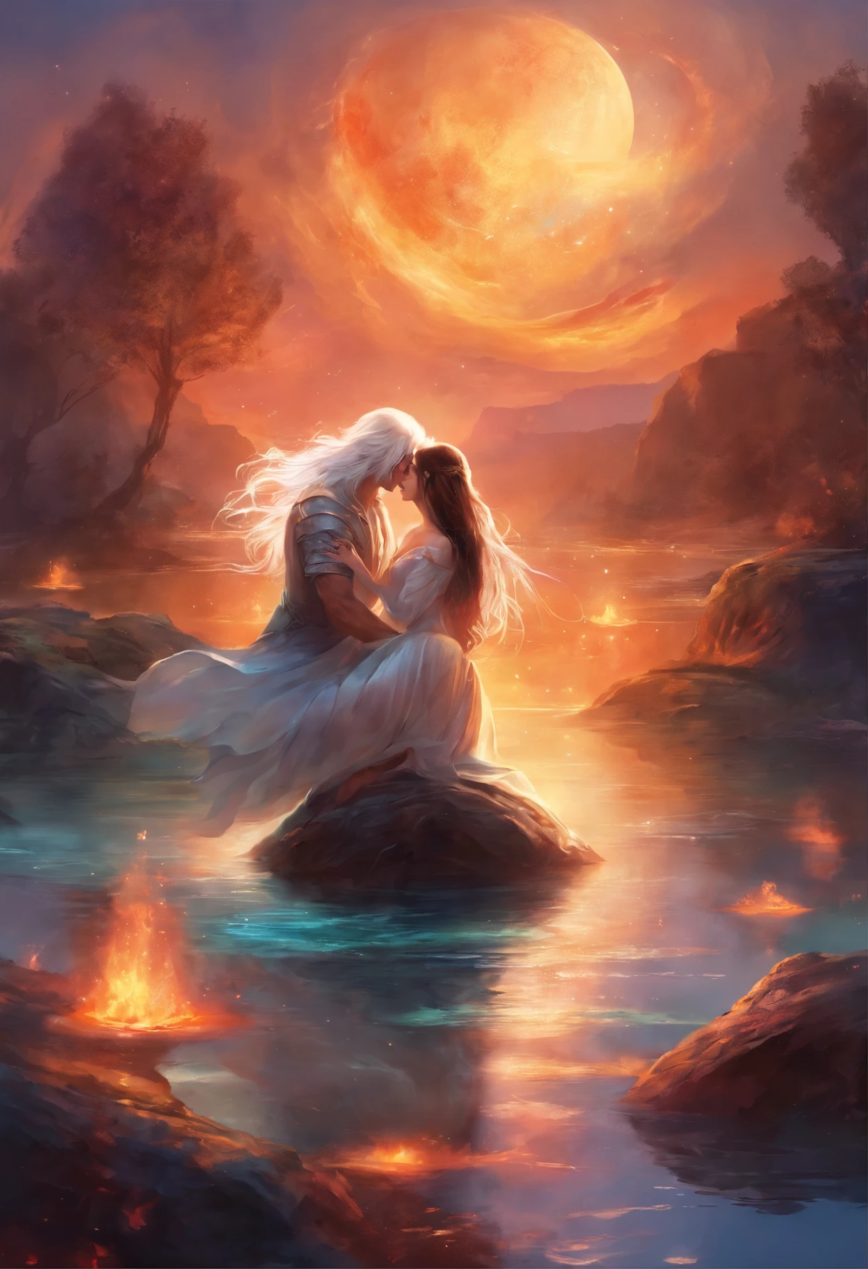 A guy with white hair and a girl with dark hair lying on the water hug each other and are consumed by fire