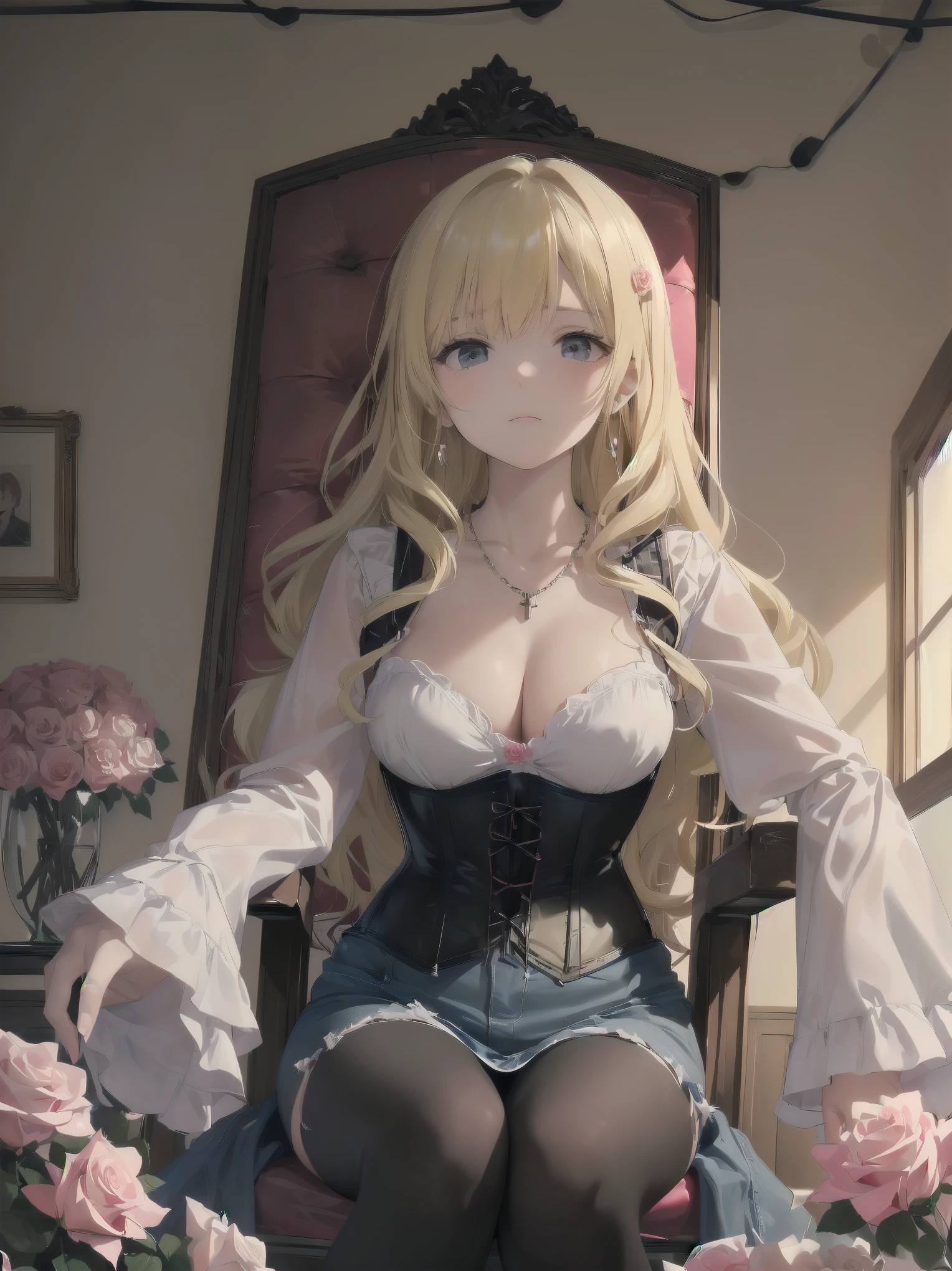 ((bright blonde hair)),((Super long curly hair)),(balloon sleeve long sleeve clothing),(plaid long sleeve tops),((black long vest),((denim type corset)),((Feeling of fatigue and weakness)),((perspective from below)),some red tide,((wearing bold clothes and sitting on a chair)),(read)),((A room covered in pink and white roses)),(()),((Cleavage that looks modest)),((Collars and necklaces decorated with roses)),,((Please look away)),(soft smile)