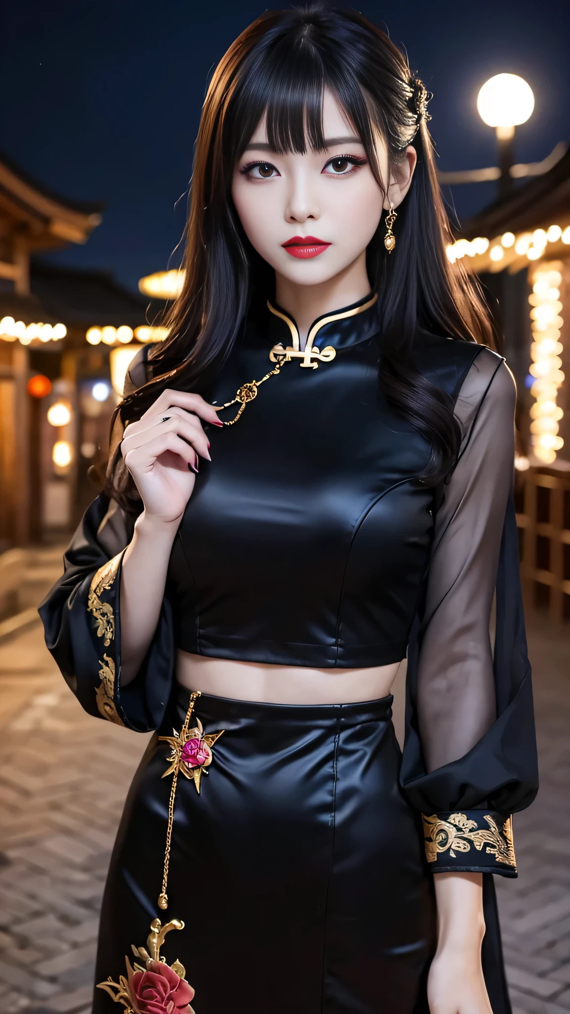 tra-detailed、Japanese、attractive beauty、seductive adult woman、pretty woman、piercing eyes、cool girl、wavy hair、swept bangs、Long Black and Gold Cheongsam、wide sleeves、Evil cadres、evil depravity、brainwash、mind control、lipstick、lip gloss、dark makeup、smirk、whisper in your ear、Evil expression、evil、hollow eyes,half-closed eyes、empty eyes、evil、church at night、vampire、succubus、vampire、Swear allegiance、sexy pose、hair ornaments、