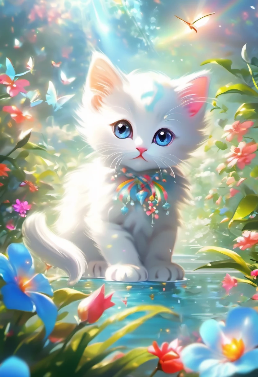 This scene is very fascinating、A girl in a beautiful garden2I have two white kittens., In the distance, a can be seen watching two white kittens happily catching butterflies., The garden is decorated with lush greenery and colorful flowers.、The sunlight filtering through the trees gives off a warm glow.。2The bright butterflies fluttering around the white kitten create a lively atmosphere.。 The white kitten is expressive、The detailed fur and unique folded ears add to its charm.。The gardens are beautifully maintained、Neatly trimmed bushes and々Various plants are arranged。The stream's crystal clear water reflects the serene environment.、Colorful facade of house in the distance々adds a bit of whimsy to the scene.。 The scene has an atmosphere of tranquility and contemplation.、Expressing the world of high fantasy。Guardian nebula of rainbow light and silvery vapor、The colors of the Corrosive Encirclement Ray family fill the sky、There is a slimy feeling in the air.。A beautiful piece of artwork that exudes a mysterious aura.。