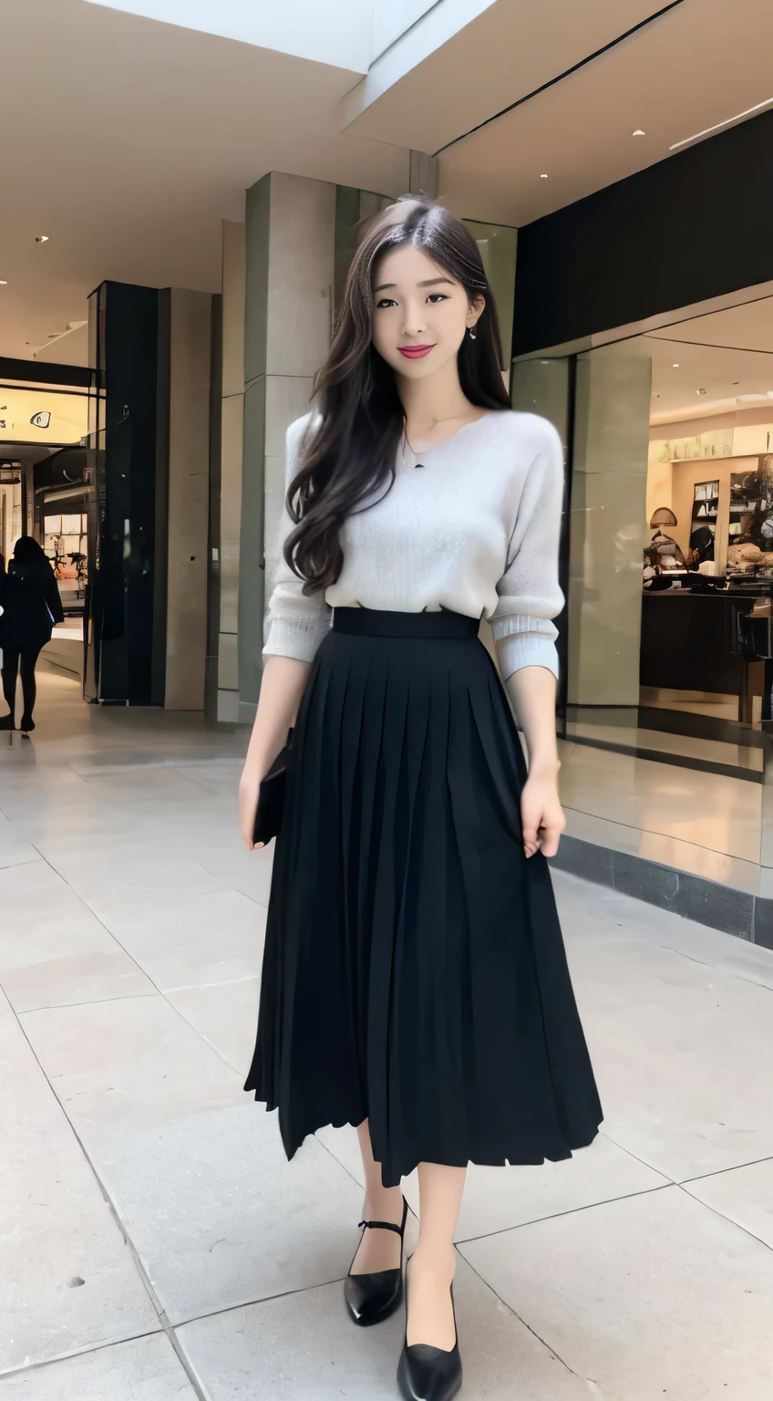 (1girl:1.2), Arad image of a beautiful woman walking through a mall, long skirt, wearing skirt, skirt, wearing a fluent long skirt, distant full body view, pleated skirt, midi skirt, wide skirt, with Instagram filter, full body contour camera shooting, wearing skirt, simple dress, flowing dress, thin waist tight dark skirt, Araki woman in skirt is posing for photos, soft color matching, elegant temperament, elegant intellectual feeling, high image quality, hair coiled, fine skin texture and cloth texture, detailed eyes, detailed long eyelashes, double eyelids, portrait photography, focal length 30 mm , Aperture F1.2, God Perspective, Realism, Costume Photography, Smile, flat shoes