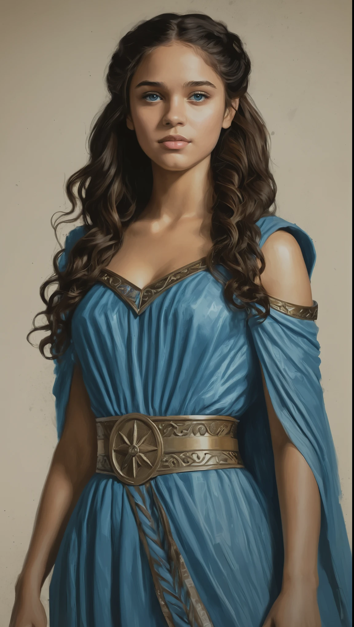 An illustrated movie poster, hand-drawn, full color, a Westerosi age girl, wearing a regal chiton, golden brown complexion, azure blue eyes, dark hair, long loose curls, waist-length hair, posing on a pedestal, hard shadows, graphite shading, stencil marks, airbrushed acrylic paint, masterpiece, in the style of Game of Thrones