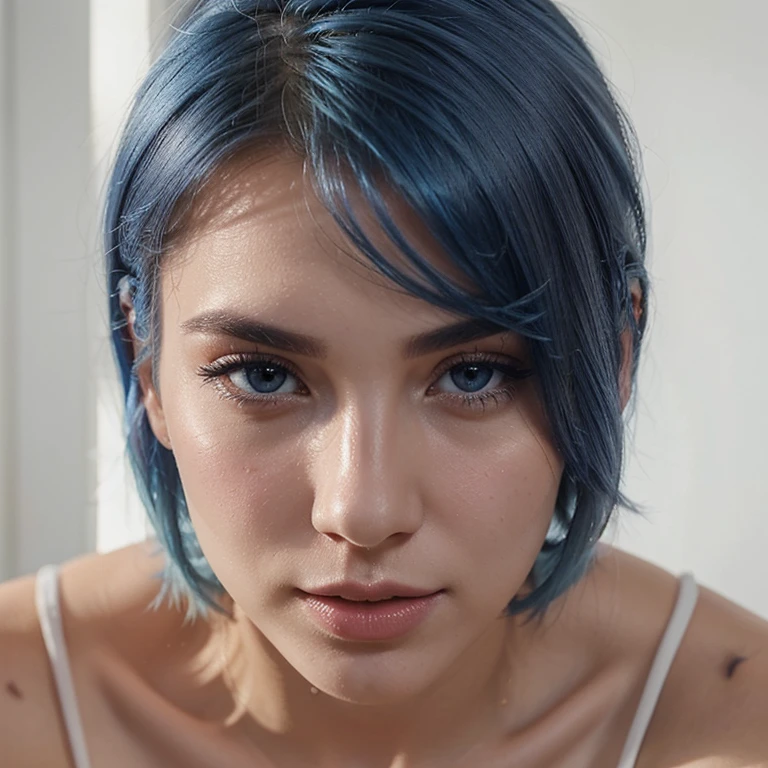 Instagram model, realistic, attractive, pretty, short blue hair, white, 25 years old,  light on face, graceful, face closeup