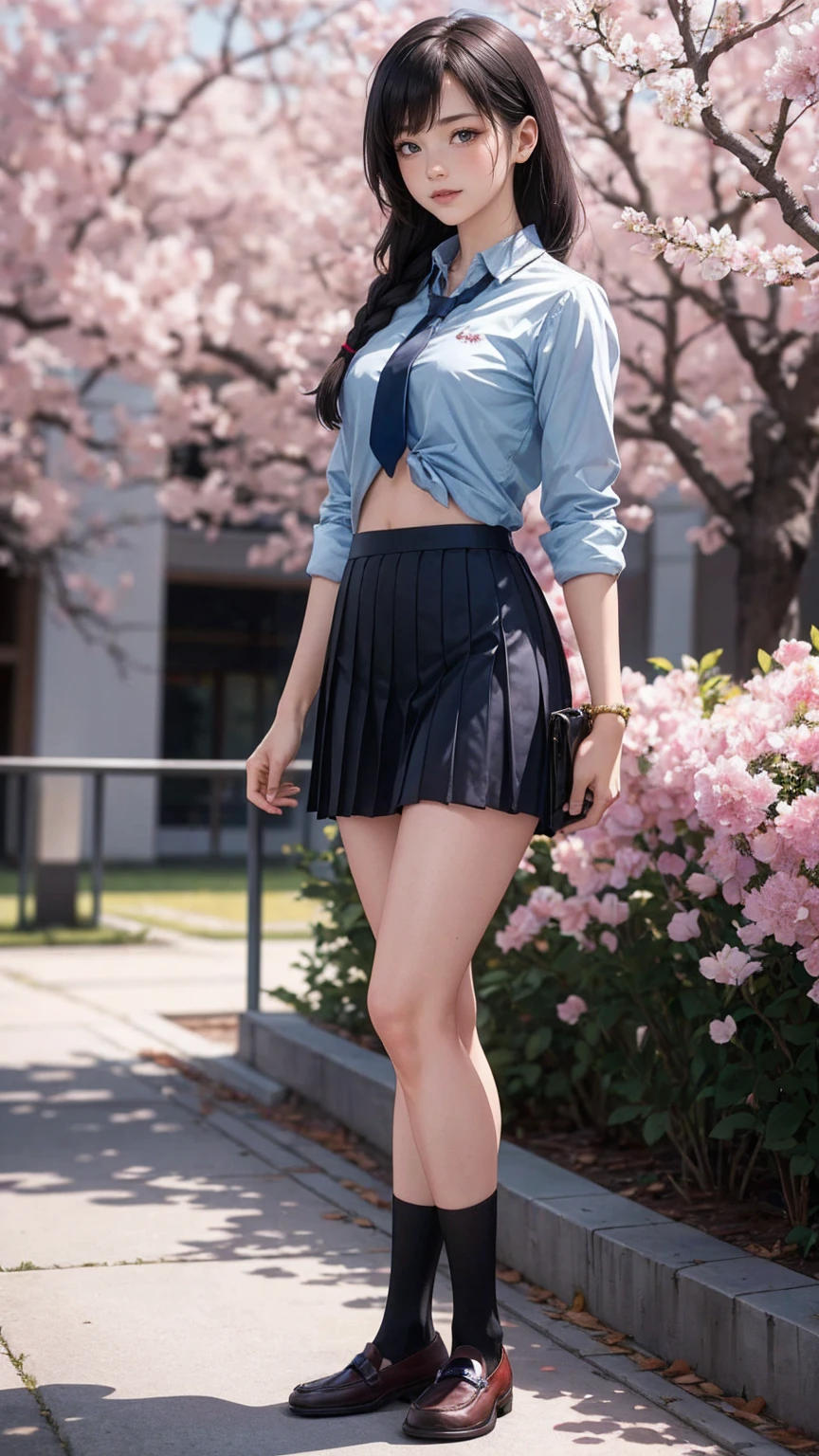 (8K, RAW photo, highest quality, masterpiece:1.2), (realistic, photo-realistic:1.37)、26 year old white woman、hair is black、Eye color is indigo、long hair、I braid it lightly、Slender but well-proportioned muscular body、setting hair、I'm punching my chest、accessories on the ankle、smile、I'm wearing a hair band、wearing a tie front shirt、My abs are cracked、I can see my bellybutton、She is wearing a dark blue low-rise micro-mini length pleated skirt.、wearing stockings、白い靴下wear、loafers((loafer))wear、Have a student bag、I'm on the row of cherry blossom trees I planted at school.、Cherry blossoms are in full bloom、smile、Entrance ceremony