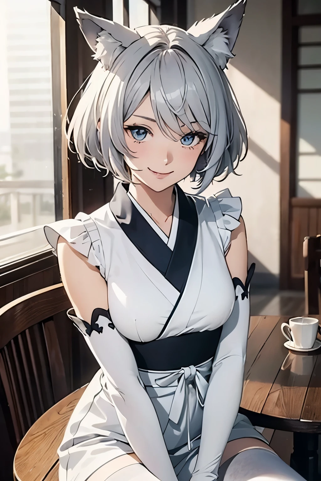 table top　 best image quality　wonderful　high detail　One Young Woman（（adult））anime style　white kimono（sleeveless）　white long gloves（elbow gloves）　white pantyhose　wolf ears　short hair（（shortcut）（gray hair）（curly hair）（fluffy））　smile（Happy）　eye color is blue　verandah　sit