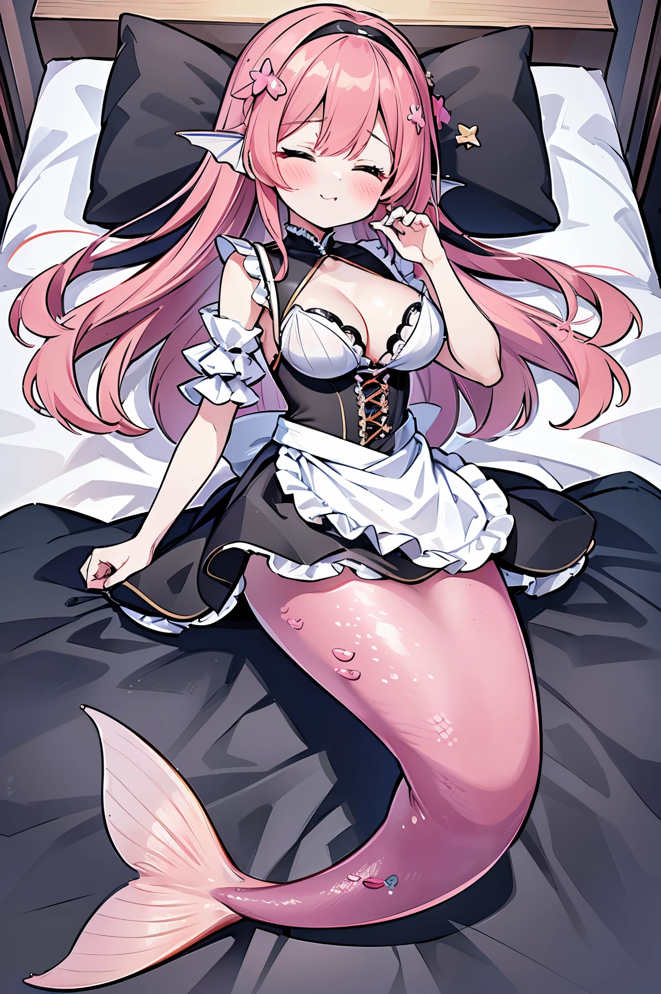 masterpiece, best quality,a woman,big breasts,Mermaid,粉红色的Mermaid尾巴,full-body shot,maid outfit,for the audience,Get posed,bedroom,Lying in bed,blush,eyes closed,Idiotic laughter,charming脸(kawaii, charming,soft)