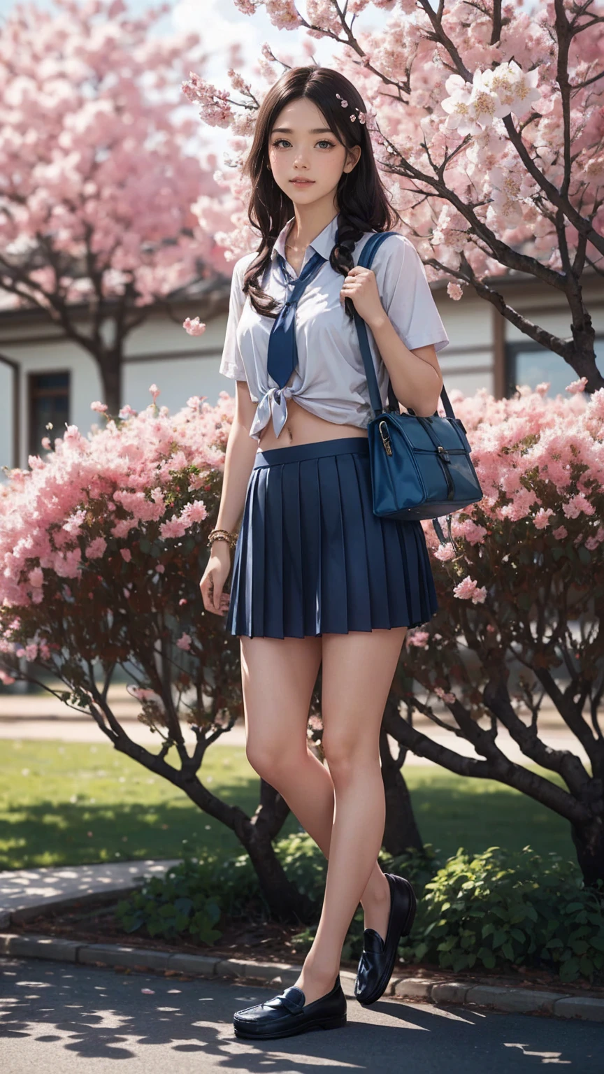 (8K, RAW photo, highest quality, masterpiece:1.2), (realistic, photo-realistic:1.37)、26 year old white woman、hair is black、Eye color is indigo、long hair、I braid it lightly、Slender but well-proportioned muscular body、setting hair、I&#39;m punching my chest、accessories on the ankle、smile、I&#39;m wearing a hair band、wearing a tie front shirt、My abs are cracked、I can see my bellybutton、She is wearing a dark blue low-rise micro-mini length pleated skirt.、wearing stockings、白い靴下wear、loafers((loafer))wear、Have a student bag、I&#39;m on the row of cherry blossom trees I planted at school.、Cherry blossoms are in full bloom、smile、Entrance ceremony