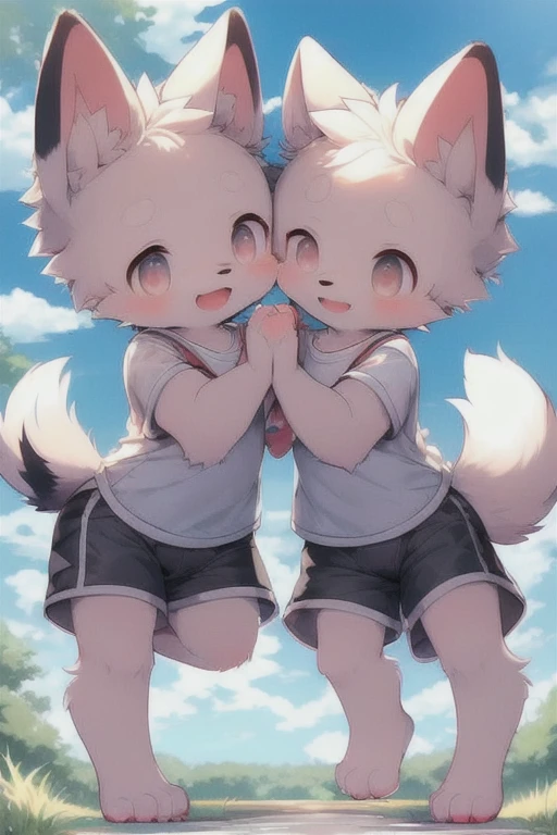 Field Park Cloud Sky Sun Summer Bandage Short Hair Furry Dog Forelimb Hand Hind Legs Leg Standing Shota  One-Piece Spotless Full Body Full Body Photo Pink Meat Pad Dog Tail Eyes Lake Blue Furry White Short Sleeve Black Shorts Two Ears Super Cute Face Two Heads