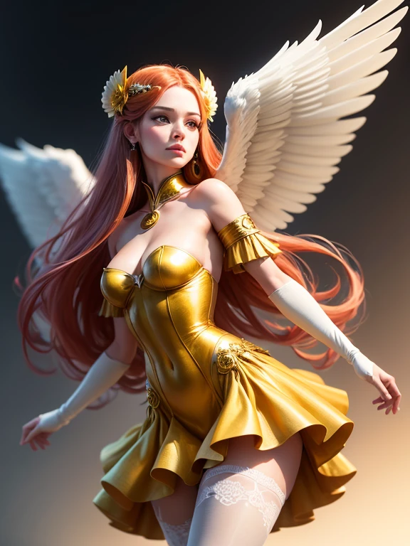 (best quality,8k:1.2,high resolution:1.2),ultra-detalhado,Realistic,vintage godess female,long red straight hair,rosto extremamente detalhado,long eyelashes,big white angel wings,soft yellow and green dress with gold details,tan pantyhose,metalic accessories,Physically-based rendering,sharp focus,white neutral background