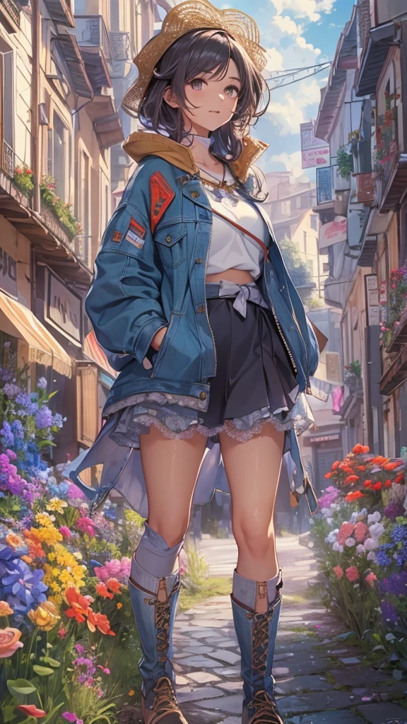 (Highly detailed CG unit 8k wallpaper, masterpiece, High resolution, highest quality, highest qualityのリアルテクスチャスキン), Hands in pockets pose:1.5, Looking up at the sky and smiling, Short fade cut messy curly hair, A cool fashion girl influenced by the stark and inorganic fashion, detailed costume, A maxi-length lace-up layered tight skirt and a long-sleeved denim wide jacket:1.3, blurred background, An empty alley in Paris:1.3, Colourful flower beds along the road, cobblestone road, hyper realistic, digital painting, concept art,