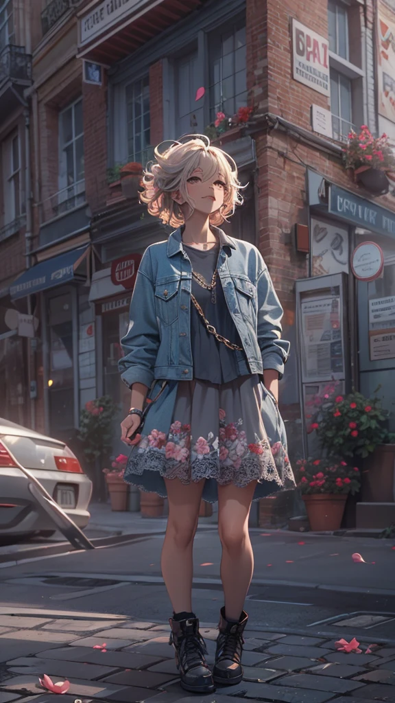 (Highly detailed CG unit 8k wallpaper, masterpiece, High resolution, highest quality, highest qualityのリアルテクスチャスキン), Hands in pockets pose:1.5, Looking up at the sky and smiling, Short fade cut messy curly hair, A cool fashion girl influenced by the stark and inorganic fashion, detailed costume, A maxi-length lace-up layered tight skirt and a long-sleeved denim wide jacket:1.3, blurred background, An empty alley in Paris:1.3, Colourful flower beds along the road, cobblestone road, hyper realistic, digital painting, concept art,