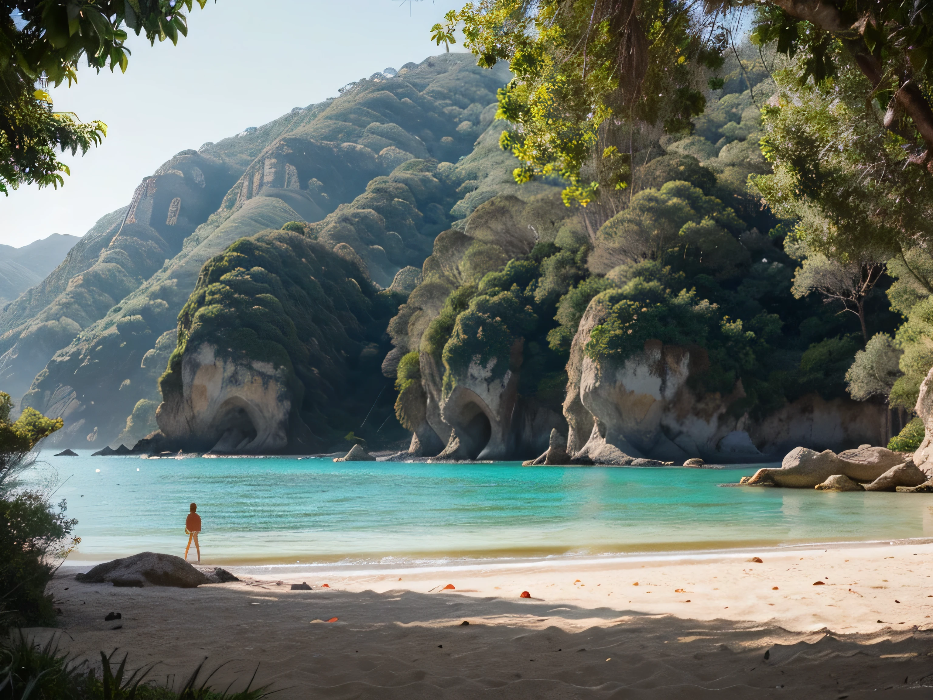 A coastal paradise with pristine beaches and turquoise waters, dominado por acantilados gigantes de piedra cantera adornados con un follaje vibrante, 
bright light mid morning, tono dorado sobre la escena, lanchas en la orilla y personas caminando en la orilla ,obra maestra High definition Photograph swaying in the wind, volumetric lighting, Optical flares, 
parhelia, chromatic aberration, FOV90, profundidad de campo, exhibition, macro, High dynamic range (HDR), 
regla de los tercios, obturador 1/60, telephotographic, Gran angular, viñeteado, balance de blancos, pintura ligera,
