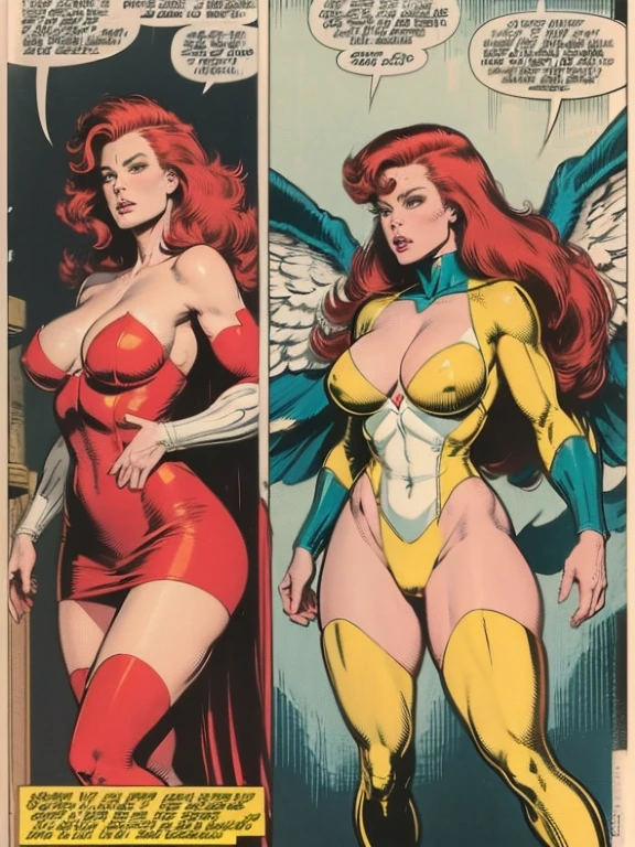 (best quality,8k:1.2,high resolution:1.2),ultra-detalhado,comic book page,vintage godess female,long red straight hair,rosto extremamente detalhado,long eyelashes,big white angel wings,soft yellow and green dress with gold details,tan pantyhose,metalic accessories,Physically-based rendering,sharp focus,white neutral background