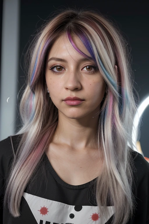 pelo multicolor, cabello degradado, adorno para el pelo de zanahoria, lunar debajo del ojo, ojos ambar, alto detalle, Verism, Hyperrealism, Contemporary art, cinematic lighting, brillar, plano general, F/1.2, Mejor calidad, Premiado, 8K, Super detail, HD