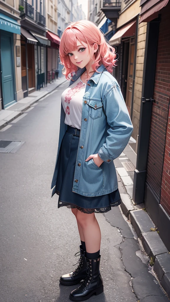 (Highly detailed CG unit 8k wallpaper, masterpiece, High resolution, highest quality, highest qualityのリアルテクスチャスキン), Hands in pockets pose:1.5, Looking up at the sky and smiling, Short fade cut messy curly hair, coral pink hair color, A cool fashion girl influenced by the stark and inorganic fashion, detailed costume, A maxi-length lace-up layered tight skirt and a long-sleeved denim wide jacket:1.3, blurred background, An empty alley in Paris:1.3, Colourful flower beds along the road, cobblestone road, hyper realistic, digital painting, concept art,