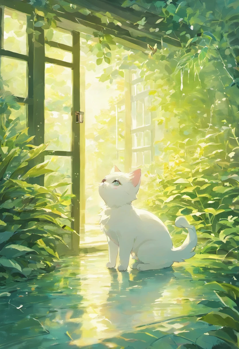 This scene is very fascinating、A girl and a white kitten in a beautiful garden, In the distance, a  can be seen watching a white kitten happily catching butterflies., The garden is decorated with lush greenery and colorful flowers.、The sunlight filtering through the trees gives off a warm glow.。The bright butterflies fluttering around the white kitten create a lively atmosphere.。 The white kitten is expressive、The detailed fur and unique folded ears add to its charm.。The gardens are beautifully maintained、Neatly trimmed bushes and々Various plants are arranged。The stream&#39;s crystal clear water reflects the serene environment.、Colorful facade of house in the distance々adds a bit of whimsy to the scene.。 The scene has an atmosphere of tranquility and contemplation.、Expressing the world of high fantasy。Guardian nebula of rainbow light and silvery vapor、The colors of the Corrosive Encirclement Ray family fill the sky、There is a slimy feeling in the air.。A beautiful piece of artwork that exudes a mysterious aura.。