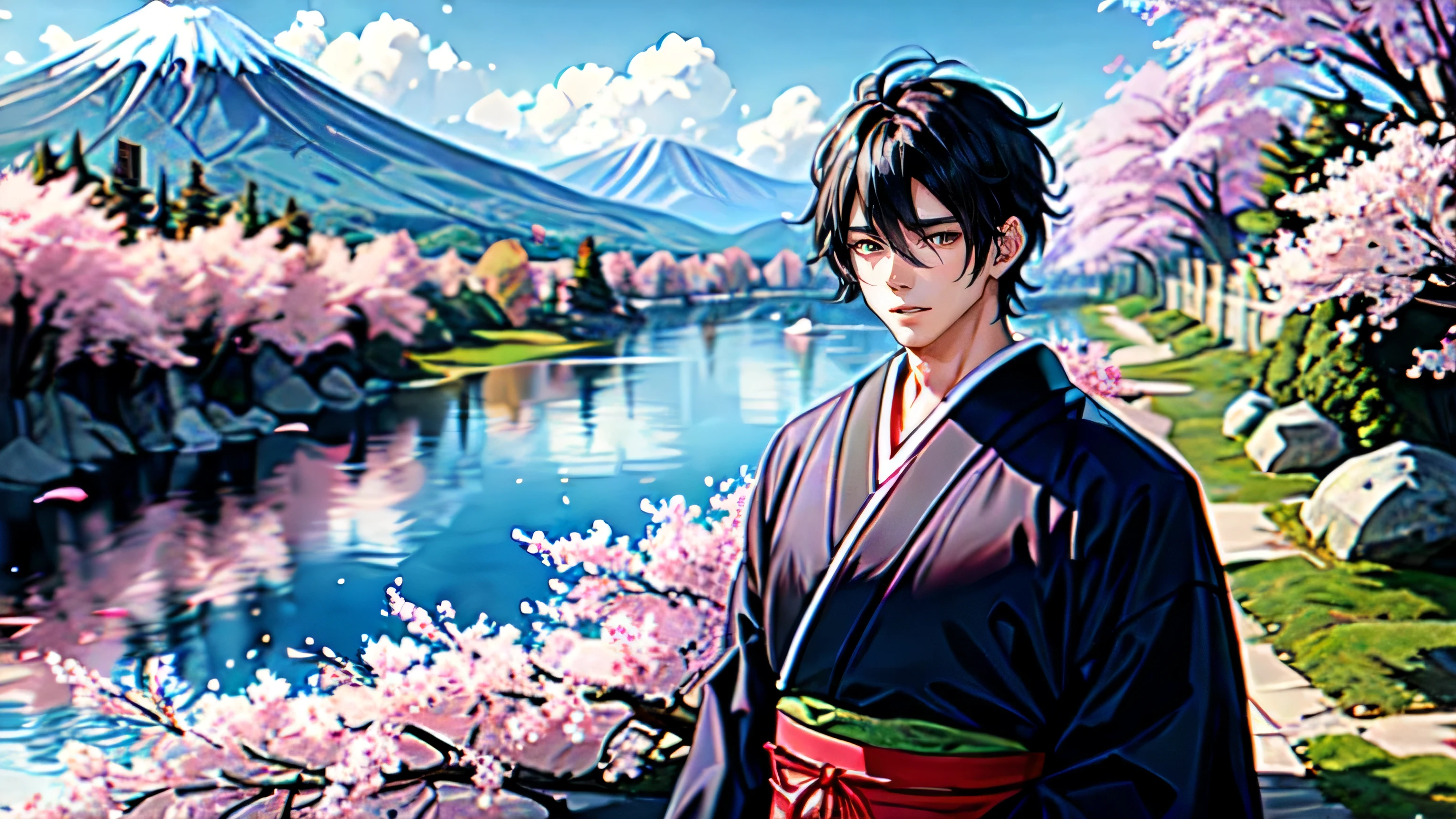 8K resolution,1 boy,black hair,(masterpiece,highest quality:1.2),(sketch:1.2),(Japanese style:1.4),Handsome guy,Mountain,river,cherry blossoms,beautiful kimono