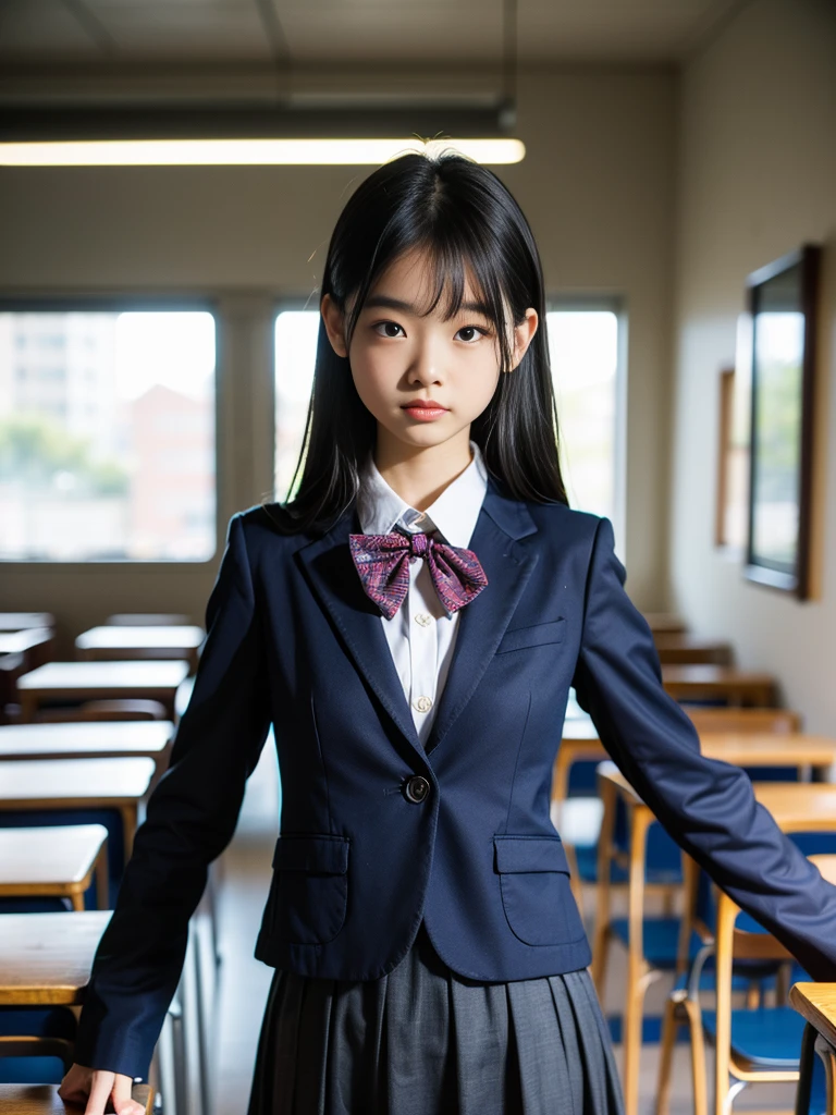 (masterpiece, highest quality:1.4), award-winning portraits, 8K, 85mm, alone, beautiful face, delicate girl, , (dark navy blazer jacket), dark navy skirt, long sleeve, violaces, gardenia, grace, Sophisticated, cute, teen, looking at the viewer, , Raw photo, disorganized, HDR, sharp focus, A bow tie, background bokeh、(((flat 、thin and delicate body、A childish atmosphere)))、Her shiny semi-long hair is tied up、hair swaying in the wind、Mole on the left cheek、large, round, dark blue eyes、full body、random pose、Junior idol、Nogizaka Idol、widening skirt、jump、mole under eye、sexy、inside the classroom、no panties