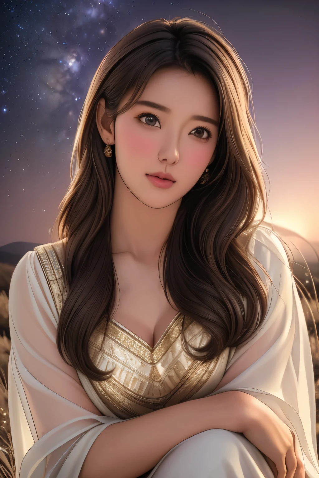 (best quality,4k,8k,highres,masterpiece:1.2),ultra-detailed,(realistic,photorealistic,photo-realistic:1.37),gazing at the Milky Way galaxy, a girl wearing a flowing earth-toned ethnic costume, making a wish towards the stars, a soft glow illuminating the ground beneath her.