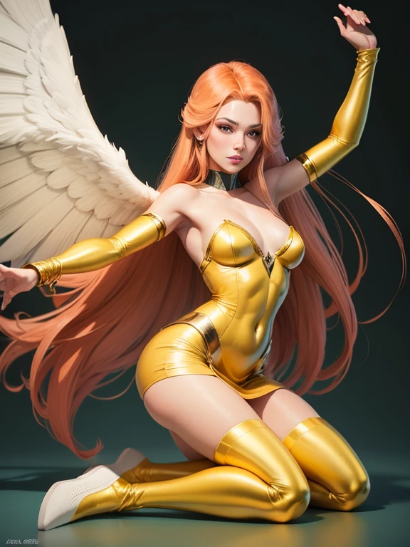 (best quality,8k:1.2,high resolution:1.2),ultra-detalhado,comic art style,vintage godess female,long red straight hair,rosto extremamente detalhado,long eyelashes,big white angel wings,soft yellow and green dress with gold details,tan pantyhose,metalic accessories,Physically-based rendering,sharp focus,white neutral background