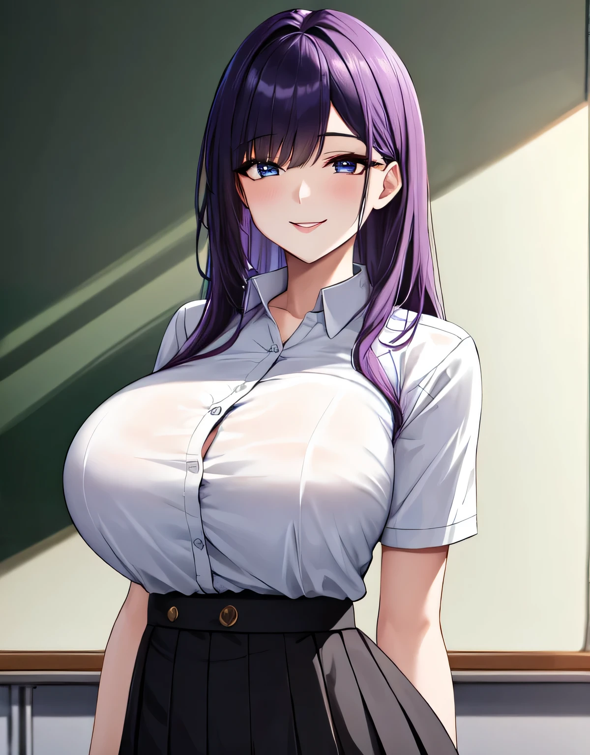 (large breasts:1.5),shiny,hair,((solo)),((masterpiece)),((best quality)),perfect anatomy,slim waist,perfect image,8k UHD,(beautiful detailed eyes:1.5),extremely detailed face,standing,(upper body:1.1),(look at the front:1.1),arms behindback,ultra-detailed,absurdres,highres,(shiny hair),classroom,Purple hair,bangs,teacher,semi-long hair,((sensitive smile)),white shirt,skirt,