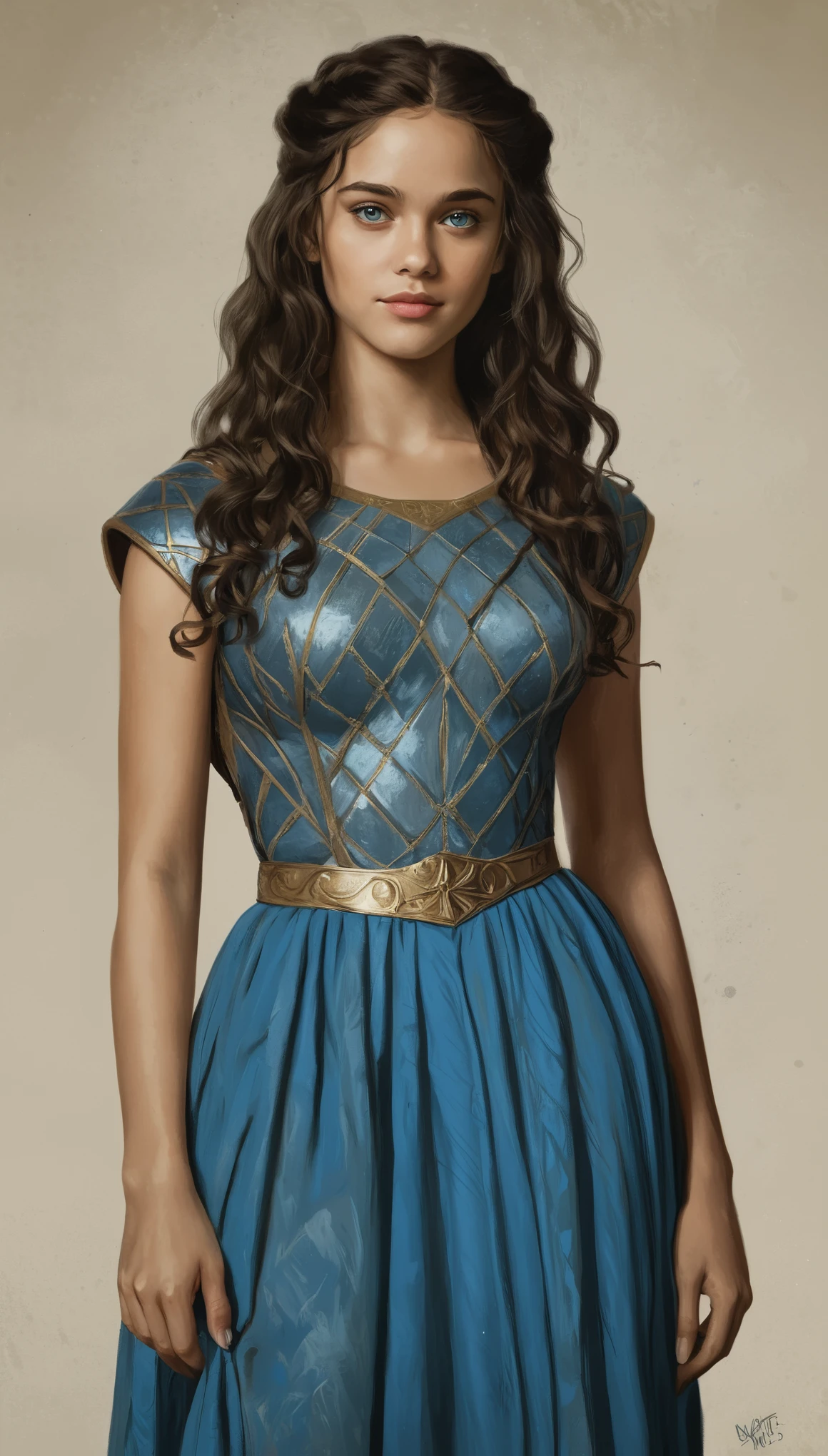 An illustrated movie poster, hand-drawn, full color, a Westerosi teenage girl, wearing a regal chiton, golden brown complexion, azure blue eyes, dark hair, long loose curls, waist-length hair, posing on a pedestal, hard shadows, graphite shading, stencil marks, airbrushed acrylic paint, masterpiece, in the style of Game of Thrones