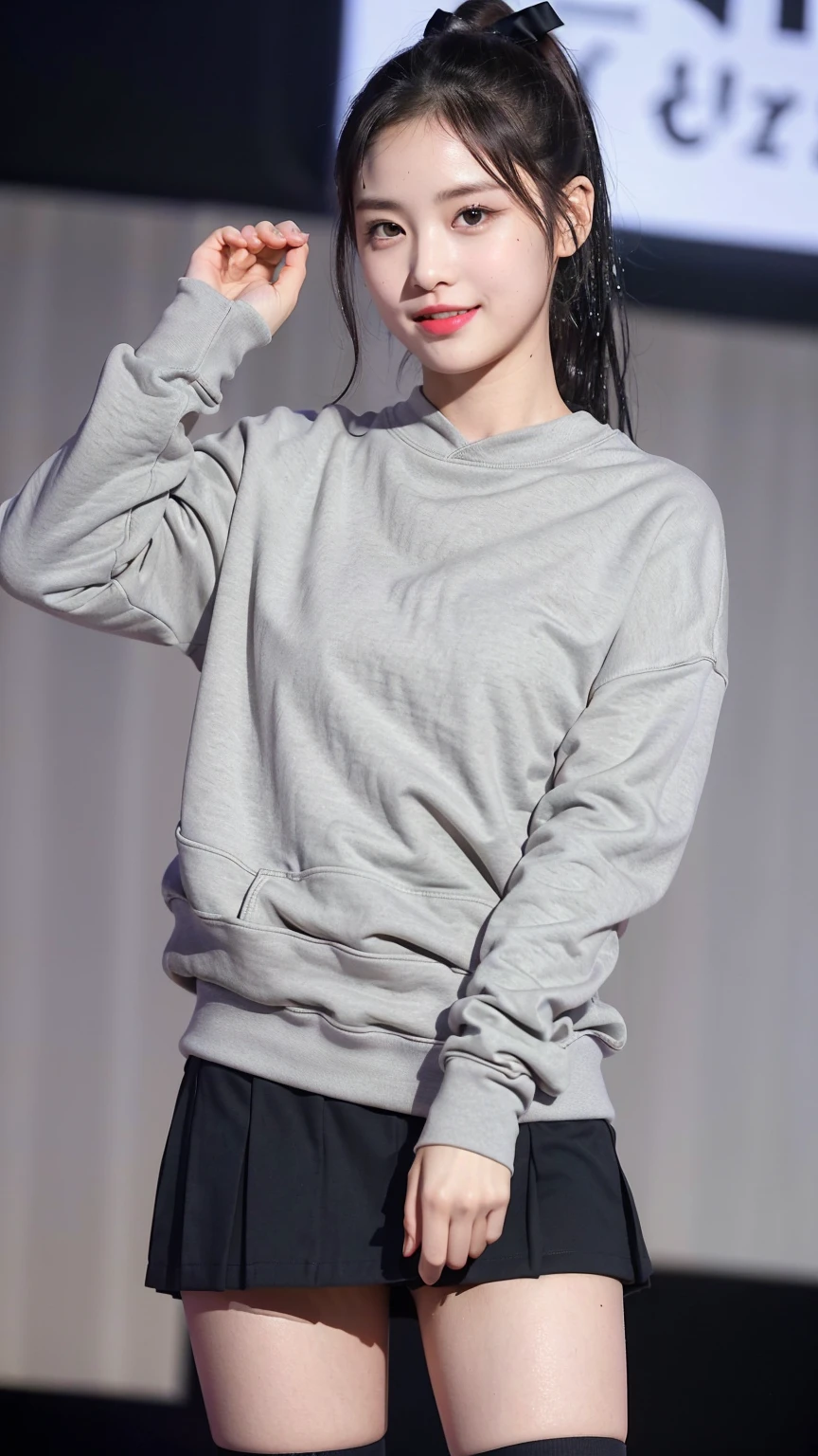 (8K), (highest quality: 1.2), (realistic), (realistic: 1.47), ultra high resolution, 1 girl, cute, smile, closed mouth, (thick lips:1.2),red lip,(Purse your mouth),beautiful details, beautiful nose,sweat on face,(Straight shiny black hair),(With a black ribbon on her head),(ponytail hair),Standing on the concert stage,hold the microphone in your right hand,Bend your elbows and raise your hands,(Grey oversized,Long length,sweatshirt:1.2),(Khaki brown pleated micro mini skirt:1.1),The length of the sweatshirt is long,The skirt is half covered by the sweatshirt,(Close up on wet thighs:1.2),(knees),(black socks:1.1),(super low angle:1.2),(medium shot),
