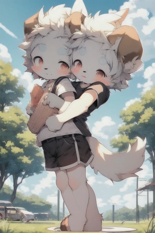 Field Park Cloud Sky Sun Summer Bandage Short Hair Furry Dog Forelimb Hand Hind Legs Leg Standing Shota Little Boy Spotless Full Body Full Body Photo Pink Meat Pad Dog Tail Eyes Lake Blue Furry White Short Sleeve Black Shorts Two Ears Super Cute Face (two_heads) (conjoined_dicephalus)
