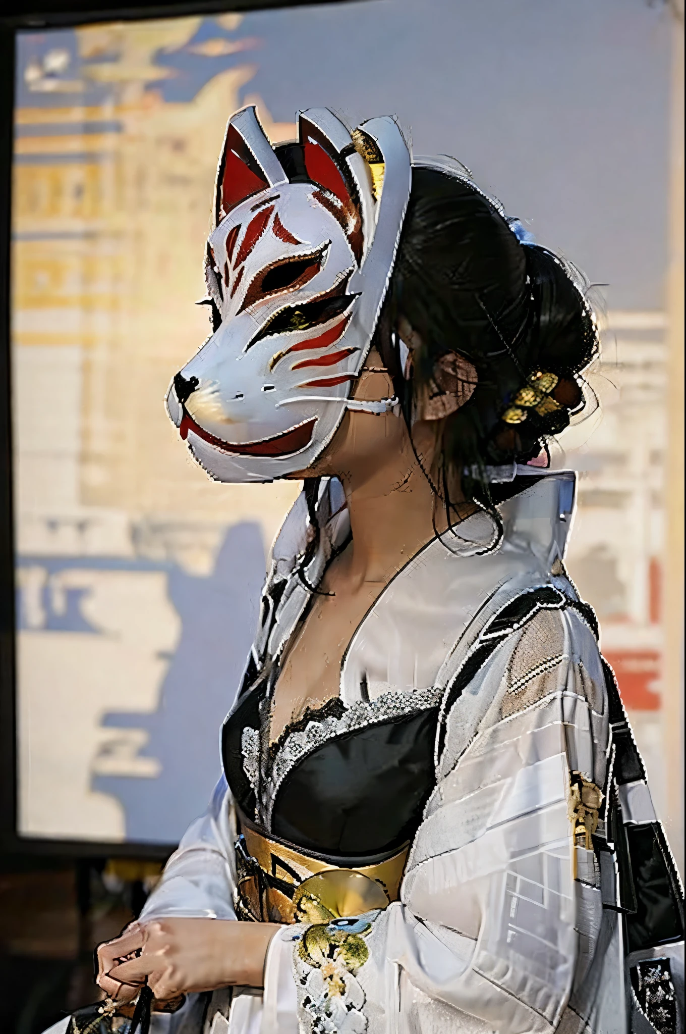 woman wearing full face kitsune mask hiding face in a lingerie