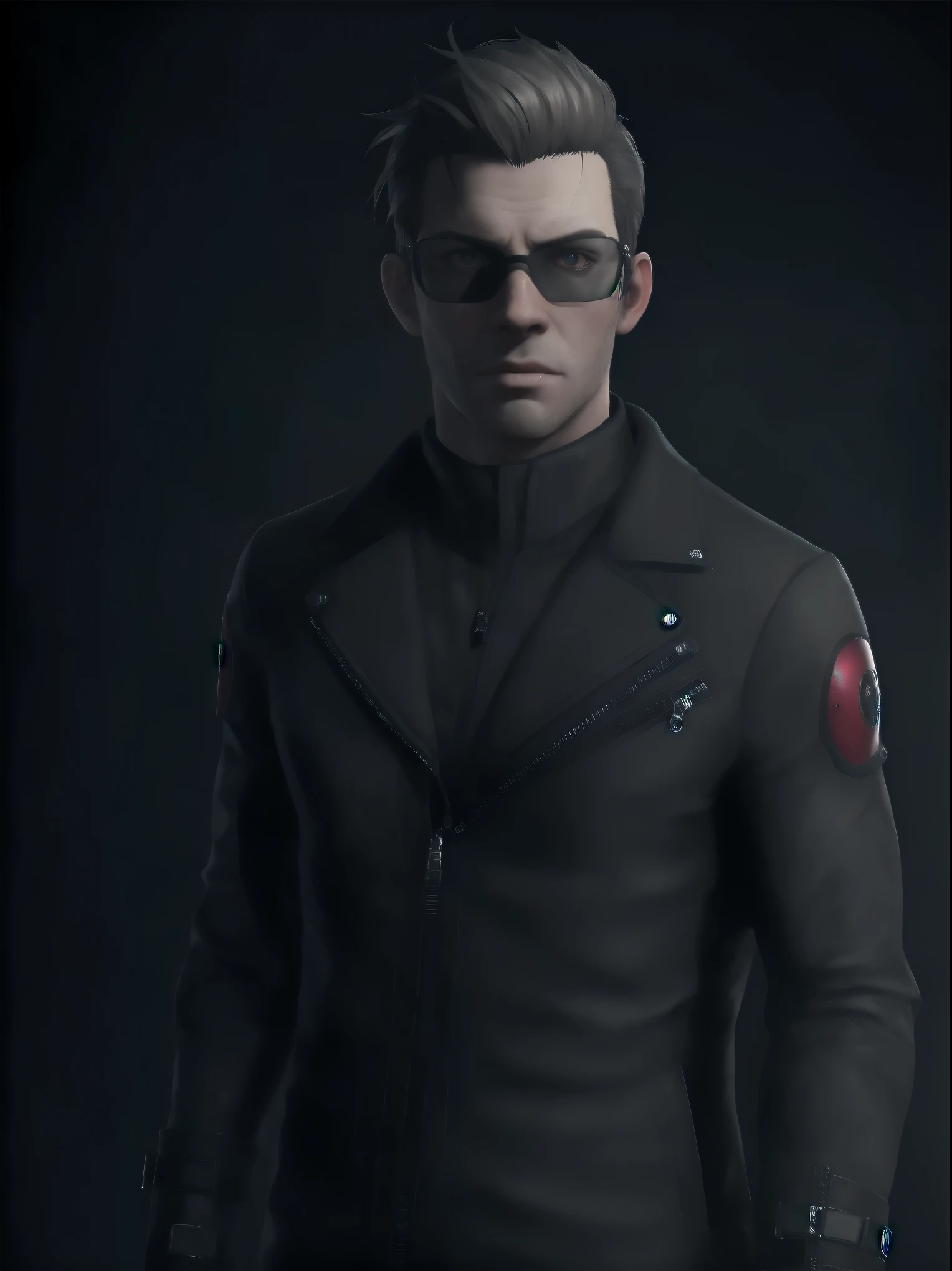 male from Resident Evil 5, 35 year old, tall, hunk, lean muscle, square-shaped face, wearing small black shades, thin dirty blond hair, slicked back hairstyle, tidy hair, cold face expression, viewer looking, black long coat, black zipped clothes, red eyes and glowing eyes, menacing pose, black gloves, best quality, masterpiece, high resolution:1.2, flat style, upper body shot, dark corridor in the background, center focus ((add more detail, enhanced_pivaarts-face))
