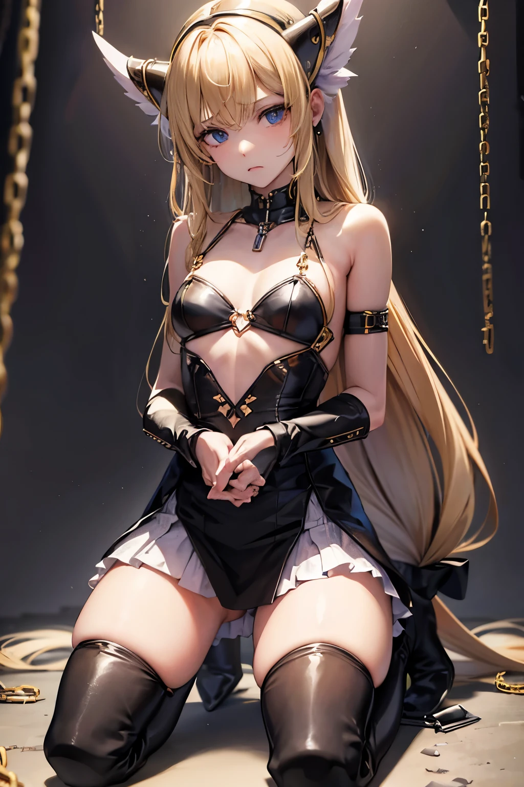 lease, blonde、long hair、bondage、thigh high boots、Photo from below、medium chest、prison、first round、Chains in both hands、embarrassed expression、Kneeling