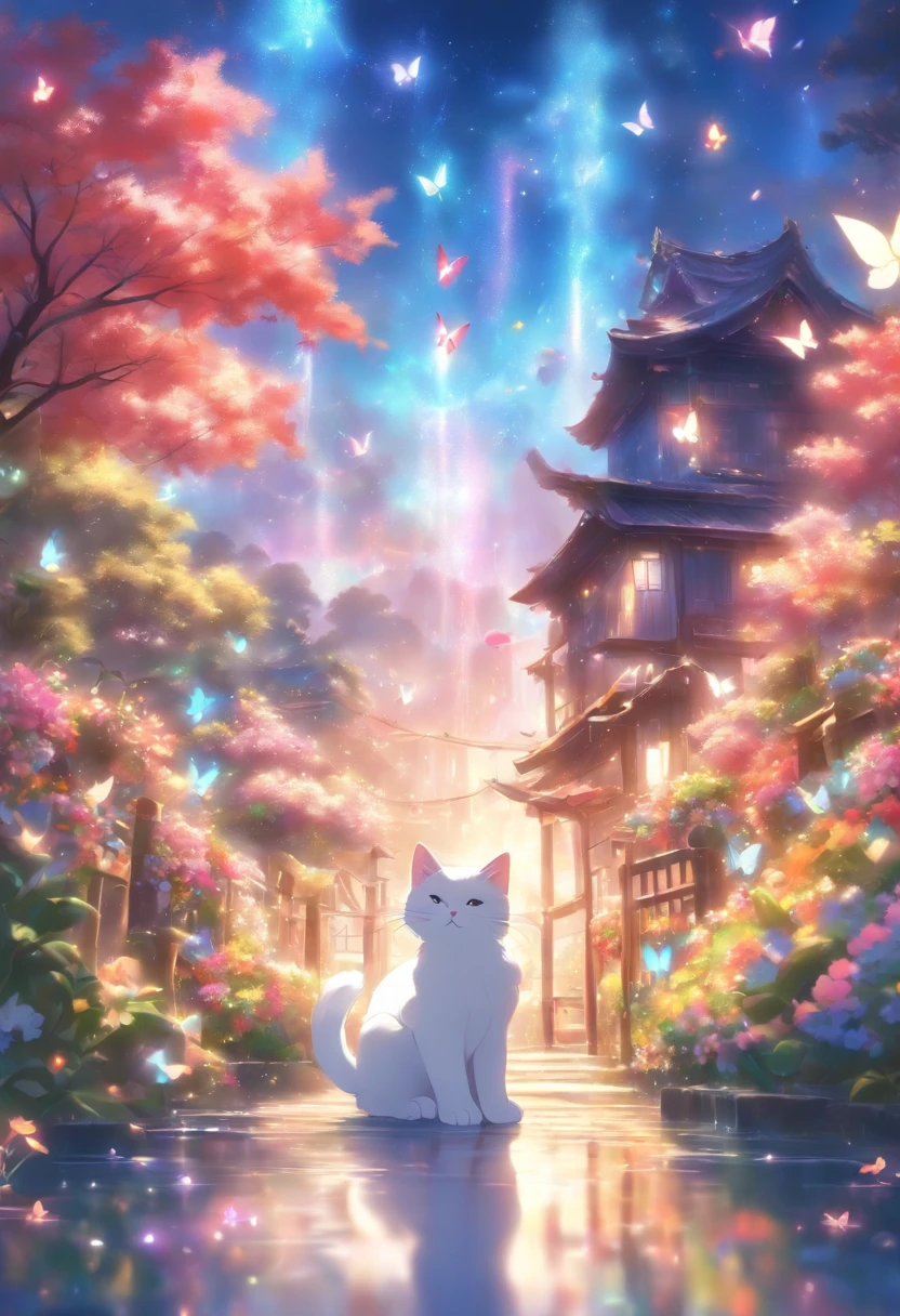 This scene is very fascinating、A girl and a white kitten in a beautiful garden, In the distance, a can be seen watching a white kitten happily catching butterflies., The garden is decorated with lush greenery and colorful flowers.、The sunlight filtering through the trees gives off a warm glow.。The bright butterflies fluttering around the white kitten create a lively atmosphere.。 The white kitten is expressive、The detailed fur and unique folded ears add to its charm.。The gardens are beautifully maintained、Neatly trimmed bushes and々Various plants are arranged。The stream's crystal clear water reflects the serene environment.、Colorful facade of house in the distance々adds a bit of whimsy to the scene.。 The scene has an atmosphere of tranquility and contemplation.、Expressing the world of high fantasy。Guardian nebula of rainbow light and silvery vapor、The colors of the Corrosive Encirclement Ray family fill the sky、There is a slimy feeling in the air.。A beautiful piece of artwork that exudes a mysterious aura.。