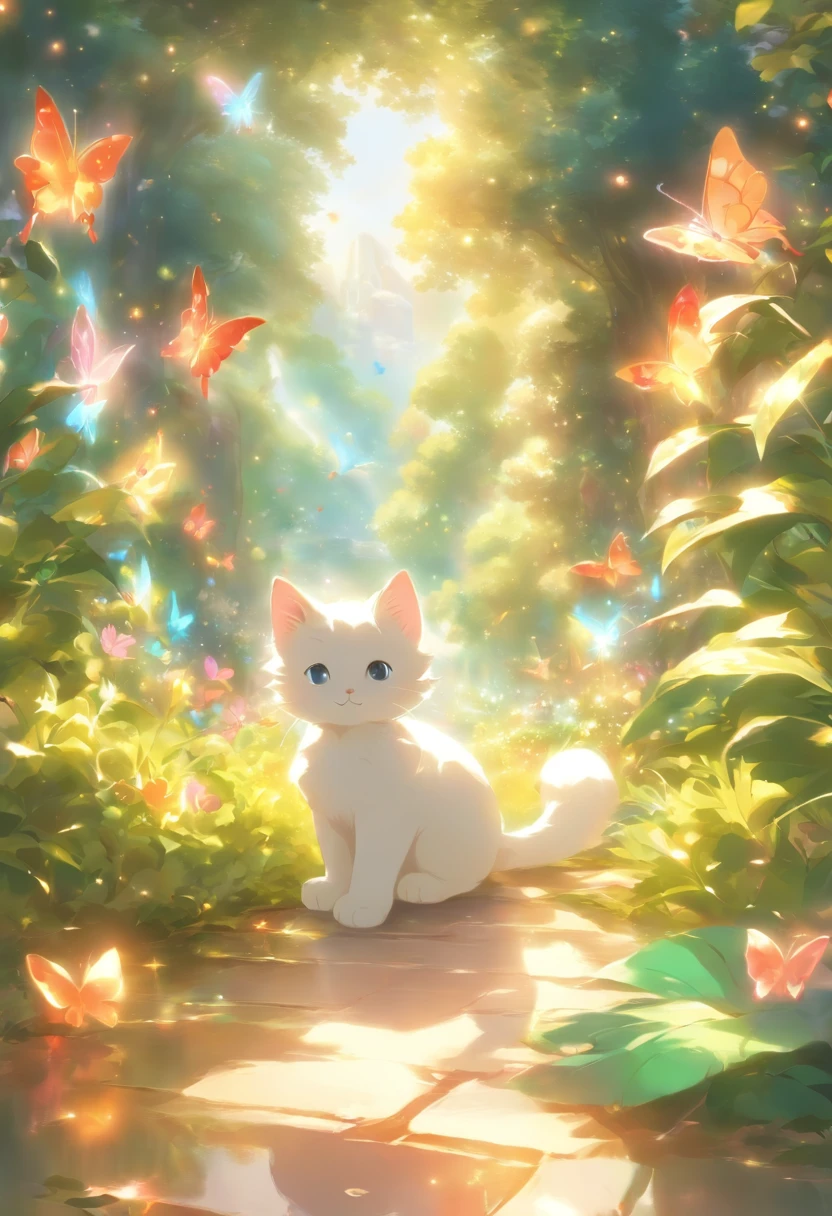 This scene is very fascinating、A girl and a white kitten in a beautiful garden, In the distance, a  can be seen watching a white kitten happily catching butterflies., The garden is decorated with lush greenery and colorful flowers.、The sunlight filtering through the trees gives off a warm glow.。The bright butterflies fluttering around the white kitten create a lively atmosphere.。 The white kitten is expressive、The detailed fur and unique folded ears add to its charm.。The gardens are beautifully maintained、Neatly trimmed bushes and々Various plants are arranged。The stream&#39;s crystal clear water reflects the serene environment.、Colorful facade of house in the distance々adds a bit of whimsy to the scene.。 The scene has an atmosphere of tranquility and contemplation.、Expressing the world of high fantasy。Guardian nebula of rainbow light and silvery vapor、The colors of the Corrosive Encirclement Ray family fill the sky、There is a slimy feeling in the air.。A beautiful piece of artwork that exudes a mysterious aura.。