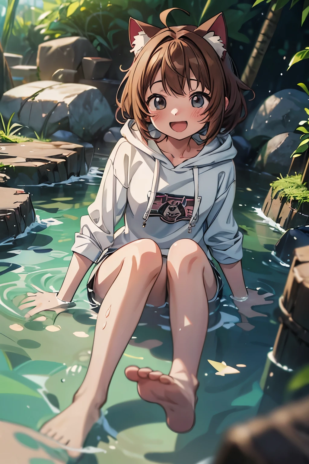 ((Masterpiece)), (Anime:1.5), ((best quality)), (RAW photo:1.2), (High Definition:1.3), (Professional Photography:1.2), (chromatic aberration), 1girl, ((12years old)), 8K, cinematic lighting, very messy hair, (enjoying and splashing:1.3), (on the shallow river), barefoot, (slightly exposed small breast), (tattered and torn dirty hoodie), Slender small breasts, (smile and open mouth), slum townscape, Textured skin, cat ears, pale brown hair, Cute Beautiful girl