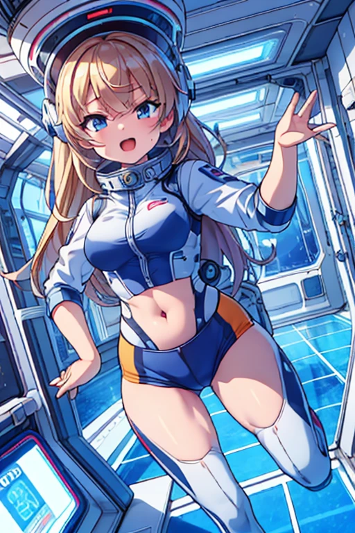 top-quality,Top image quality,in 8K,4K,masterpiece,ultra-detailliert,Beautiful,ultra-quality, best quality,high resolution, ultra-detailed,game cg,dutch angle,(acrobatic pose):5,jumping:5,(inside spacestation,)beautiful detailed eyes,five fingers,headphone,nsfw,a beauty girl,(astrovest):5,(track uniforms),wet,(steam:1.5),Running form,open open mouth,(blonde hair),(long hair):2,Navel,space_station_interior, exercise_room, futuristic, high_technology, zero_gravity_exercise_equipment, high_resolution_landscape, sleek_design, minimalistic, 8K_resolution, game_cg_style, Dutch_angle, detailed_character, track_uniform, perfect_running_form, intense_expression, detailed_eyes, determination, steam:1.5, beauty, strength, five_fingers, visible_navel, open_mouth, ultra_quality, high_resolution, ultra_detailed,astrovest