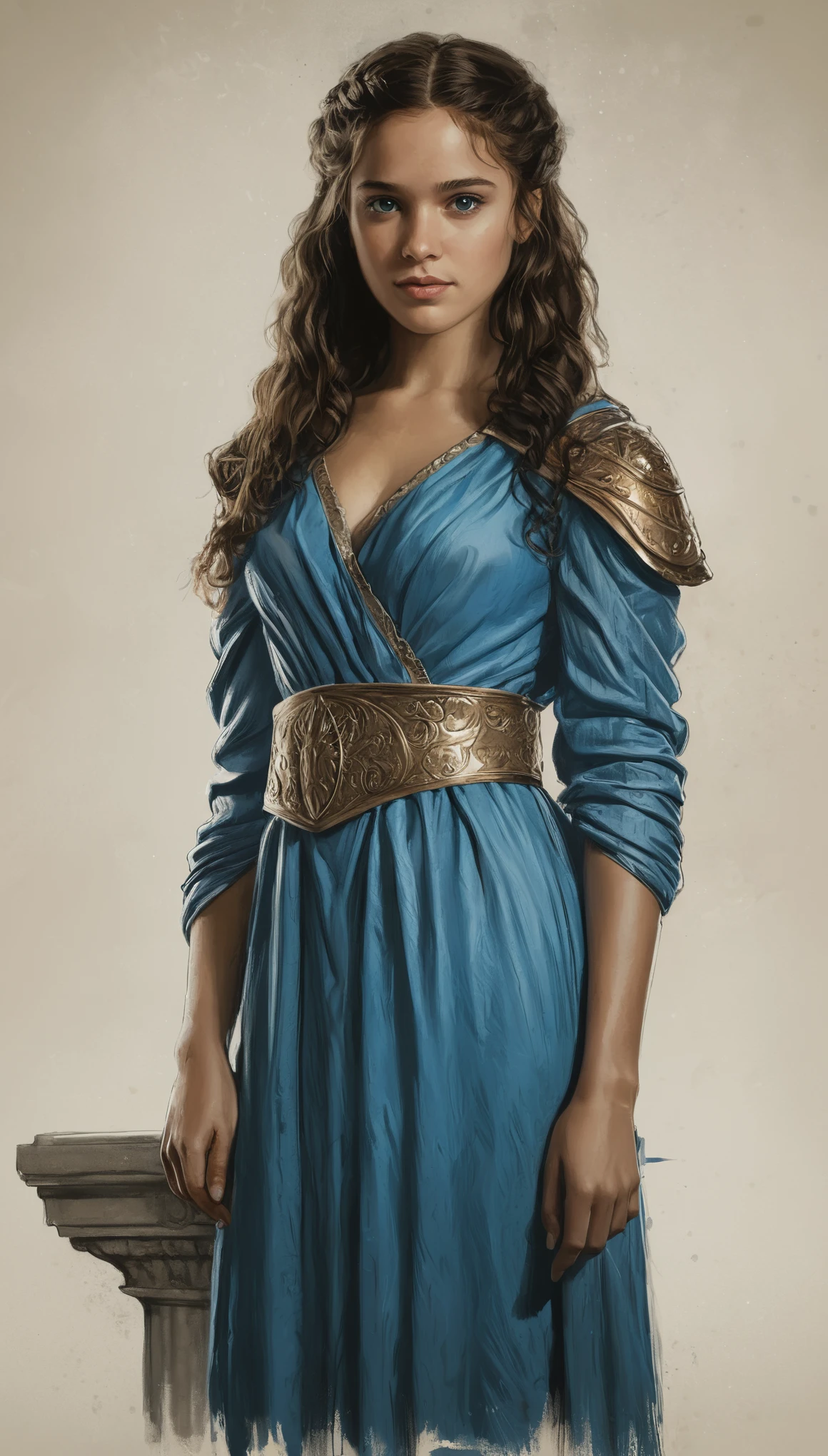 An illustrated movie poster, hand-drawn, full color, a Westerosi teenage girl, wearing a regal chiton, golden brown complexion, azure blue eyes, dark hair, long loose curls, waist-length hair, posing on a pedestal, hard shadows, graphite shading, stencil marks, airbrushed acrylic paint, masterpiece, in the style of Game of Thrones 