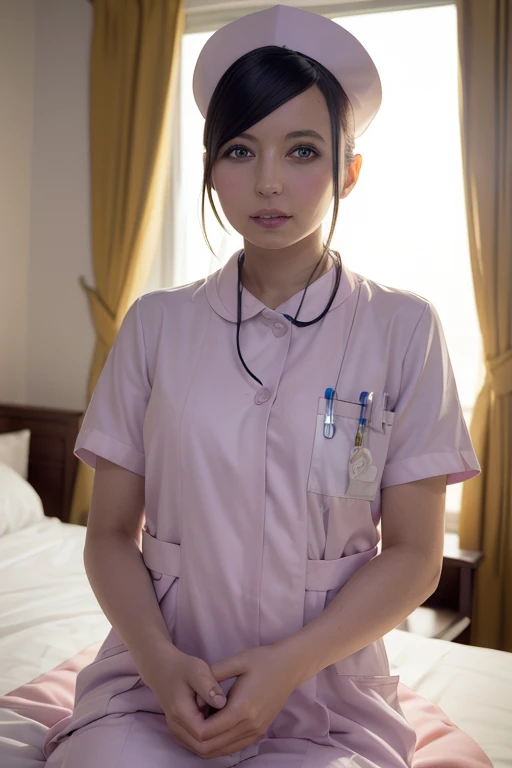 1 girl,(Wearing white nurse clothes:1.2),(Raw photo, highest quality), (realistic, photo-realistic:1.4), masterpiece, very delicate and beautiful, very detailed, 2k wallpaper, wonderful, finely, very detailed CG unity 8k wallpaper, Super detailed, High resolution, soft light, beautiful detailed girl, very detailed eyes and face, beautifully detailed nose, finely beautiful eyes, nurse, perfect anatomy, black hair, up style, nurse uniform, ((nurse cap)), long skirt, nurse, white costume, thin, hospital, clear, white uniform, hospital room, Neck auscultation,(becky)