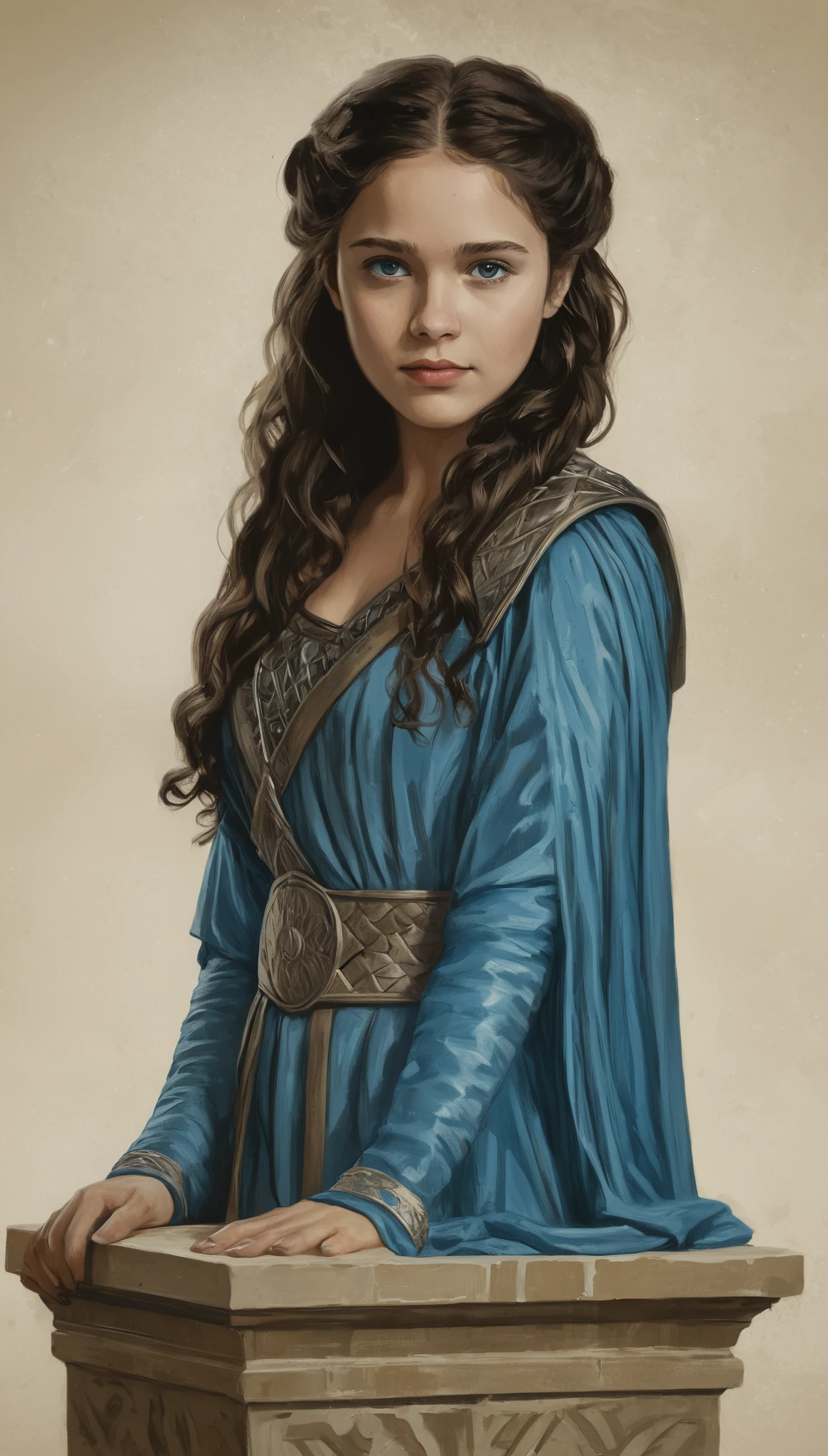 An illustrated movie poster, hand-drawn, full color, a Westerosi age girl, wearing a regal chiton, golden brown complexion, azure blue eyes, dark hair, long loose curls, waist-length hair, posing on a pedestal, hard shadows, graphite shading, stencil marks, airbrushed acrylic paint, masterpiece, in the style of Game of Thrones