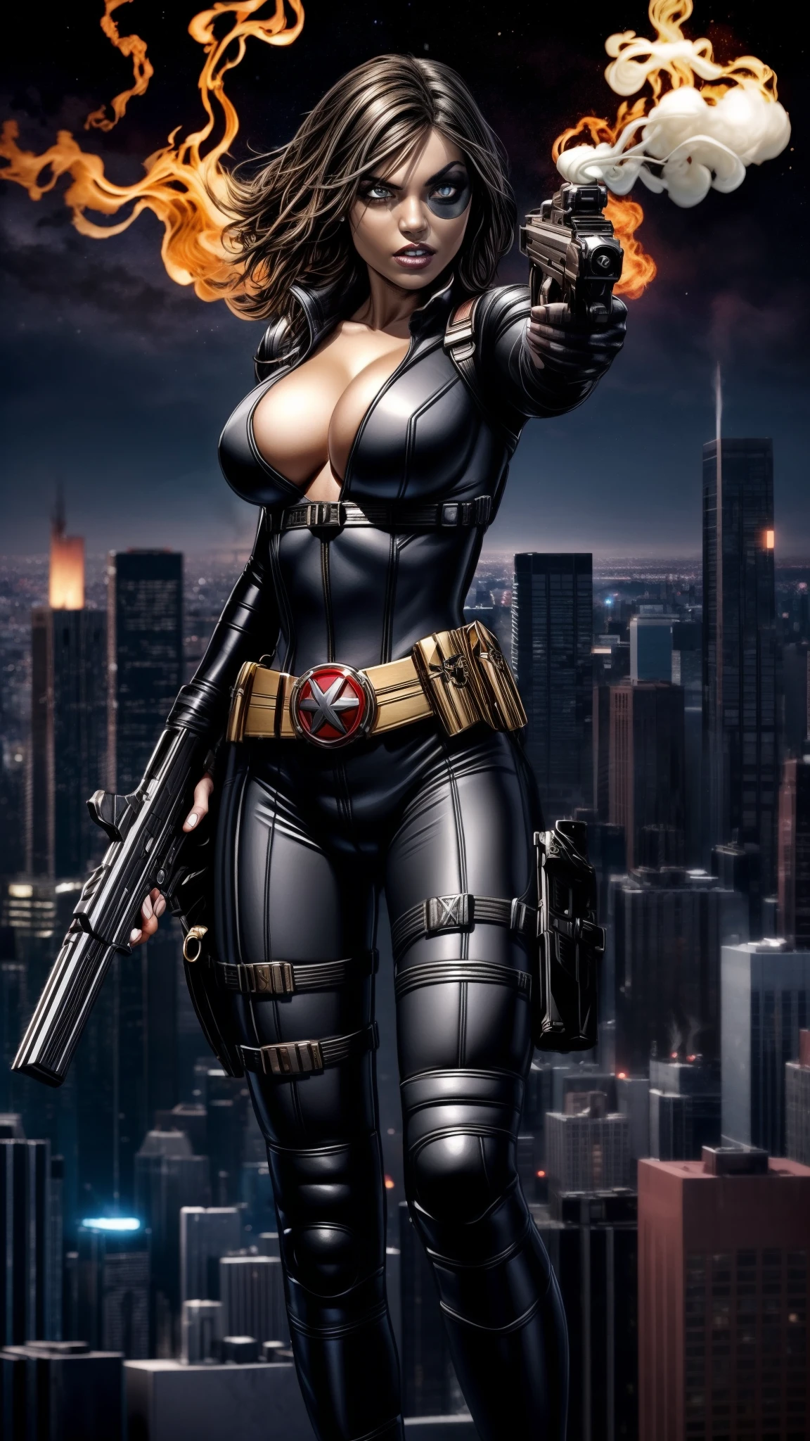 domino, marvel, a woman, black skintight costume, ((((gray skin)))), (black spot on left eye), short black hair, blue eyes, belt, holding a pistol, smoke from pistol, 8k, 16k, trending on pixiv, fanbox, skeb, masterpiece, detailed face, digital painting, night city background,  