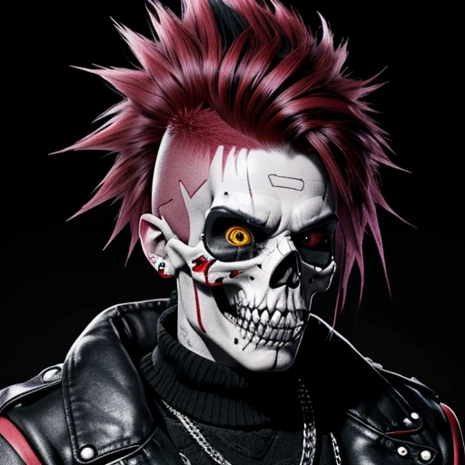 Punk skull with red mohawk, 1man, wide open mouth, detailed teeth, empty eye sockets, black and white graphic style, high contrast, (best quality, 4k, 8k, high resolution, masterpiece:1.2), ultra-detailed, (realistic, photorealistic, photo-realistic:1.37), HDR, UHD, sharp focus, flat illustration, bold lines, (punk, rebellious, aggressive:1.2), cool color tones,