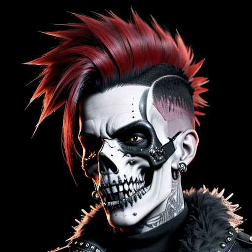 Punk skull with red mohawk, 1man, wide open mouth, detailed teeth, empty eye sockets, black and white graphic style, high contrast, (best quality, 4k, 8k, high resolution, masterpiece:1.2), ultra-detailed, (realistic, photorealistic, photo-realistic:1.37), HDR, UHD, sharp focus, flat illustration, bold lines, (punk, rebellious, aggressive:1.2), cool color tones,