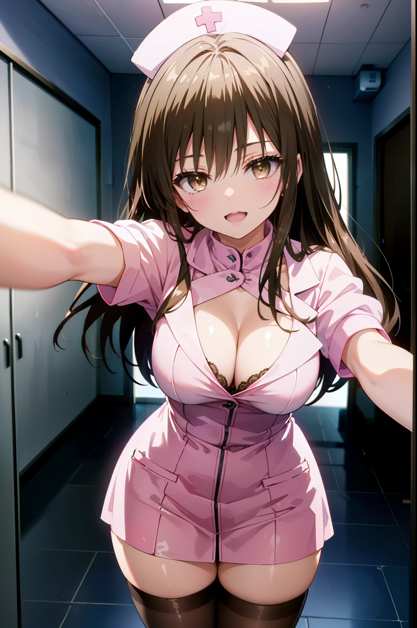 yuikotegawa, yui kotegawa, black hair, (brown eyes:1.5),big breasts,happy smile, smile, open your mouth, long hair,transparent and pink latex, Thighhighs, cleavage,  pink panties, nurse cap, nurse, pink gloves, sexy pose,
break indoors, Examination room,
break looking at viewer,whole body, (cowboy shot:1.5),
break (masterpiece:1.2), highest quality, High resolution, unity 8k wallpaper, (figure:0.8), (detailed and beautiful eyes:1.6), highly detailed face, perfect lighting, Very detailed CG, (perfect hands, perfect anatomy),