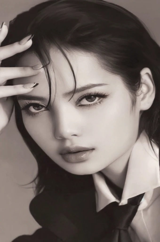 Imagen arafed de una mujer con corbata y camisa., rostro femenino atractivo!!!, asian beautiful face, photohermoso rostro realista, [ foto realista ]!!, jennie rosa negro, hyperhermoso rostro realista, Arte digital. foto realista, hermoso rostro realista, gama murata y artgerm, detailed face of an asian girl, Cara extremadamente hermosa, cara hermosa y afilada