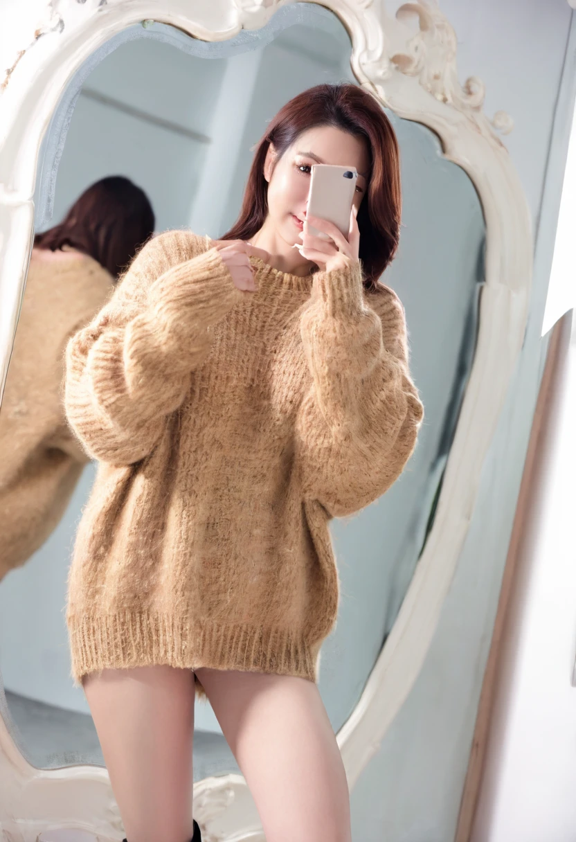 A fifty-year-old woman wearing a sweater taking a selfie in front of a mirror, brown sweater, 8K)), wearing a sweater, Height: 165cm, full body picture, オーバーサイズのwearing a sweater, thighs!!!!!!, Height: 155cm, exposed thighs!!!, wearing a sweater, full body!!!, full body!!!!!!, thighs!!!, very fuzzy