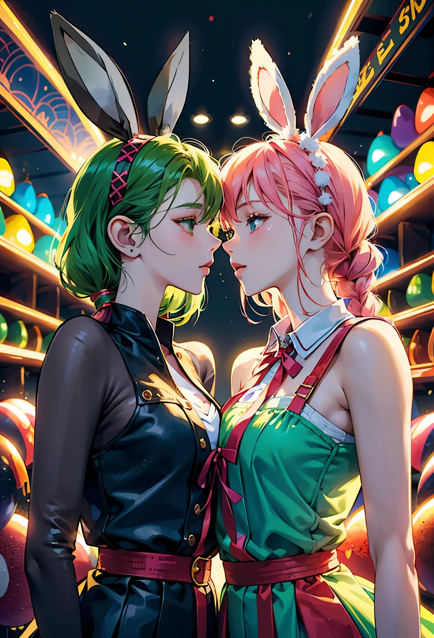 Two anime s girls kissing, sexy modern clothes with bonny ears, the girl of the right has short green straight hair, the girl of the left long pink braided hair, big pascual eggs background details so many colors, HD, 4k,
