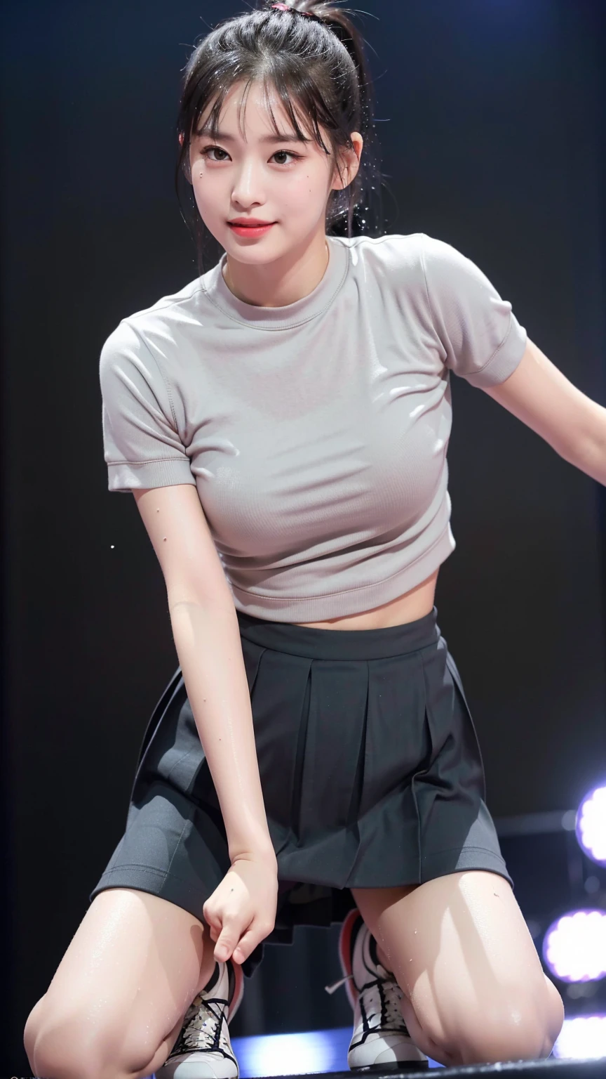 (8K), (highest quality: 1.2), (realistic), (realistic: 1.47), ultra high resolution, 1 girl, cute, smile, closed mouth, (thick lips:1.2),red lip,(purse your lips),beautiful details, beautiful nose,sweaty face,(Straight shiny black hair),(With a black ribbon on her head),(ponytail hair),Stand on the concert stage,hold the microphone in the right hand,Bend your elbows and raise your hands,(Grey Oversized,long length,trainer:1.2),(Khaki brown pleated micro mini skirt:1.1),The length of the trainer is long,The skirt is half covered by the trainer,(Wet thighs close up:1.2),(knees),(black socks:1.1),(super low angle:1.2),(medium shot),